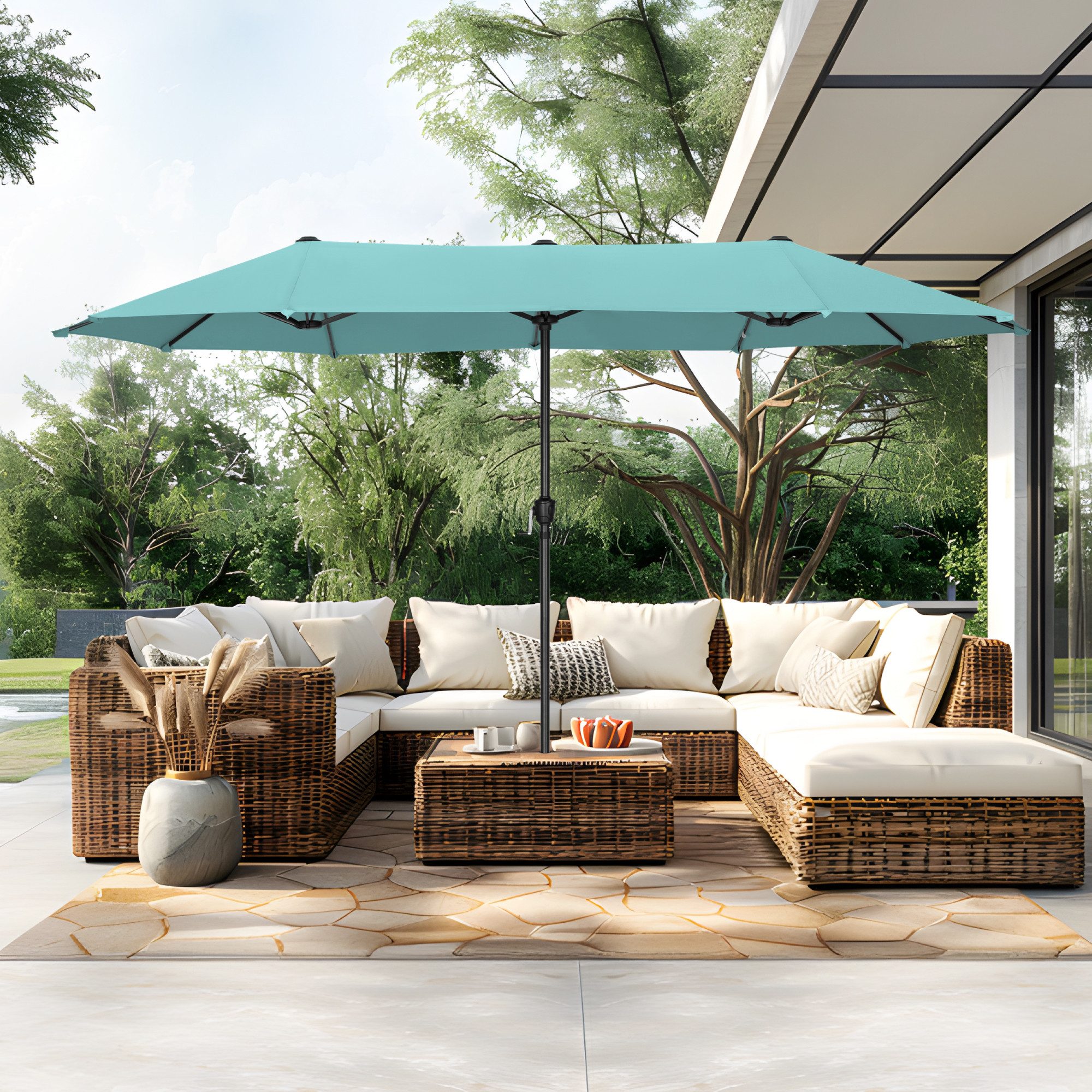PHI VILLA Sonnenschirm, Balkon Rechteckig Groß Balkonschirm Garten Gartenschirm mit Kurbel UV Schutz Parasol Windfest, Mit der rostfreien Stahlstange und 12 Stahlrippen