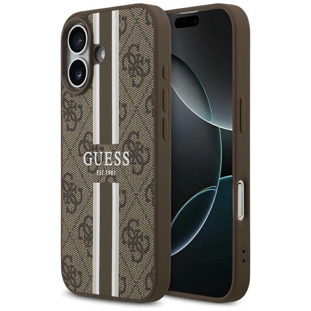 Guess Handyhülle Case iPhone 17 MagSafe Kunstleder braun Logo Streifen 6,3 Zoll, Kantenschutz