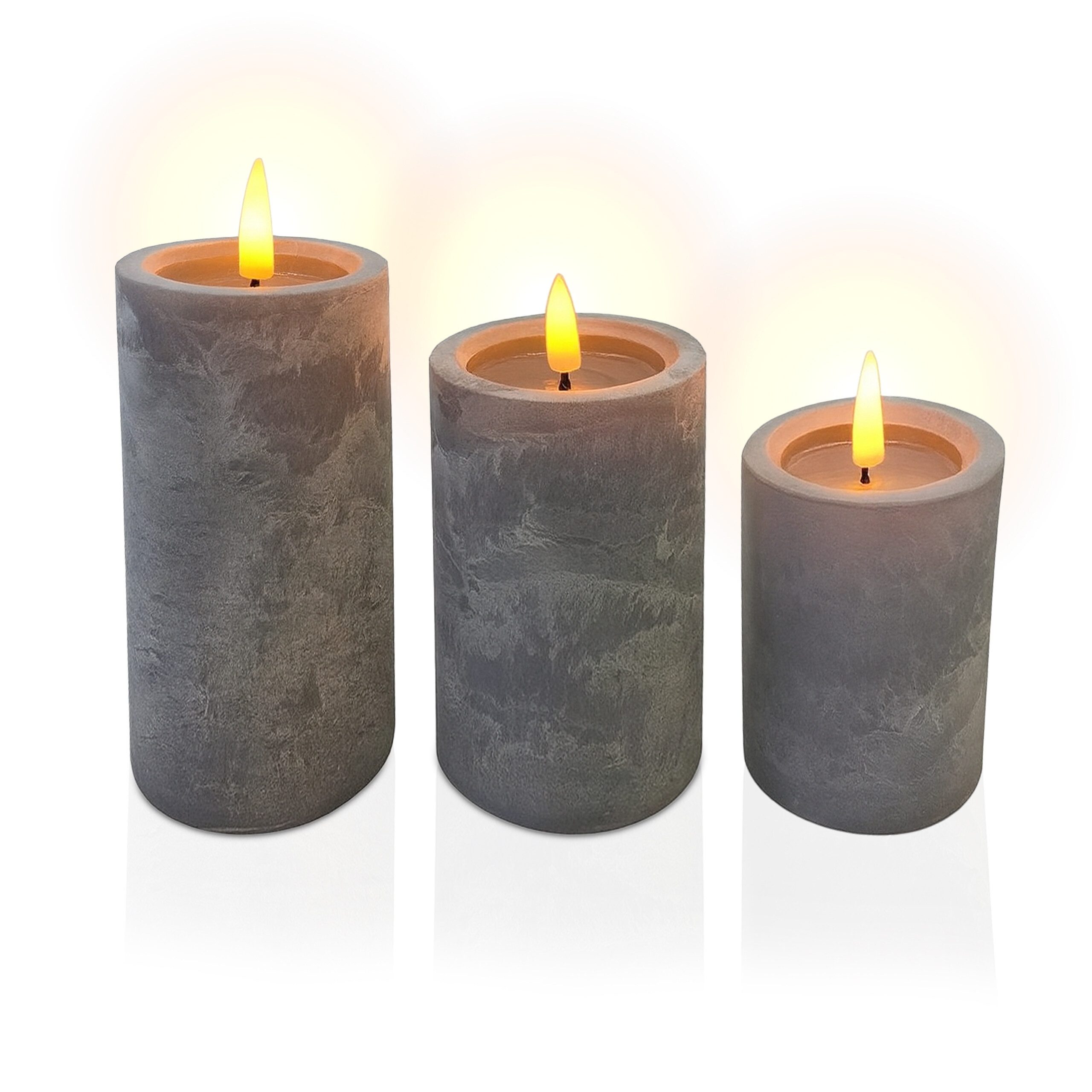 relaxdays LED-Kerze 3er Set Betonoptik, Batteriebetriebenes, flammenloses LED-Licht mit flackernder Flamme, LED, Warmweiß