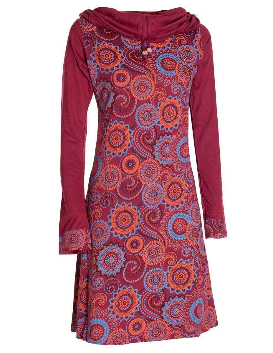 Vishes Jerseykleid Langarm Kleid Ethno Style dunkelrot Baumwollkleid Winterkleider Schal-Kleid Hippie, Goa