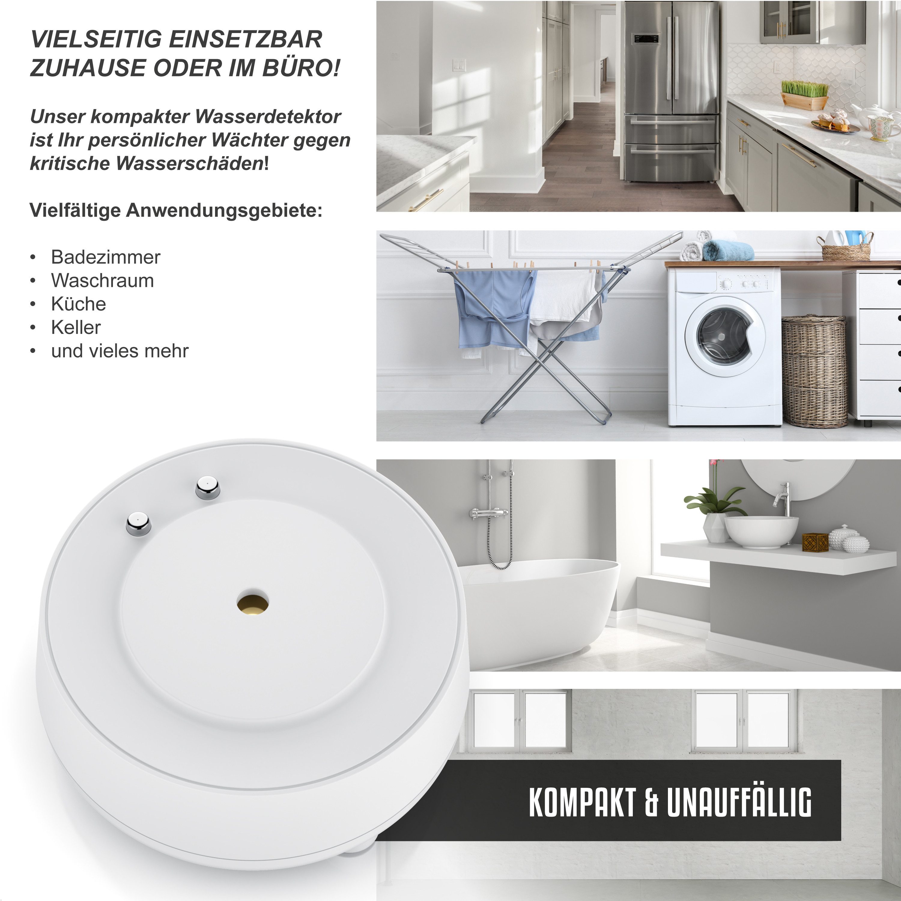 BEARWARE Wassersensor, IP66, Mini-Wasserdetektor, 110 dB lauter Alarm, Wassermelder (batteriebetrieben, Wasseralarm Melder warnt bei Wasserschäden)