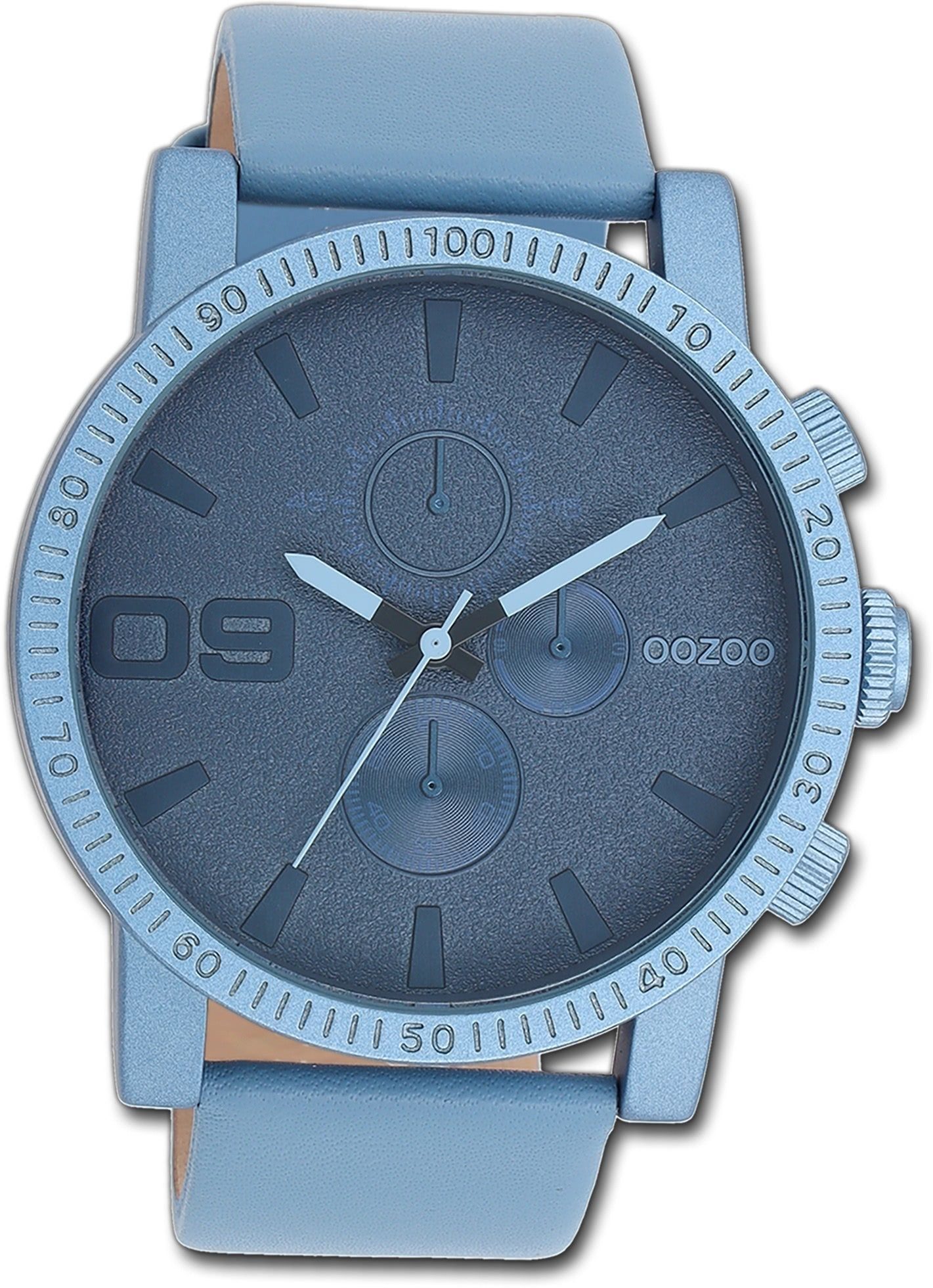 OOZOO Quarzuhr Oozoo Unisex Armbanduhr Timepieces, Damen, Herrenuhr  Lederarmband blau, rundes Gehäuse, extra groß (48mm) | Quarzuhren