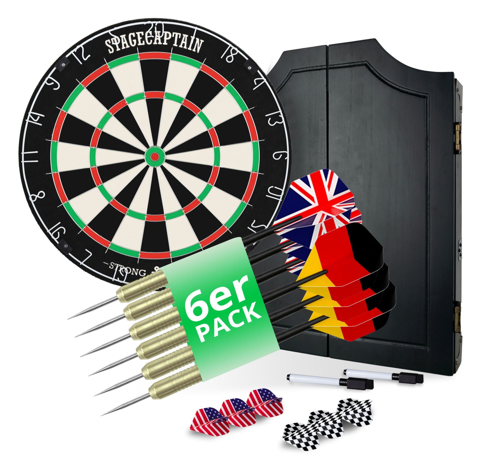 Steeldartscheibe Pub 12 BullsEye Dartscheibe inkl. (Dartboard-Set, und dünnen Dartschrank, Stagecaptain 6 aus Dartkasten Sisal Dartpfeilen BK Flights), mit DBC-1775 Drähten