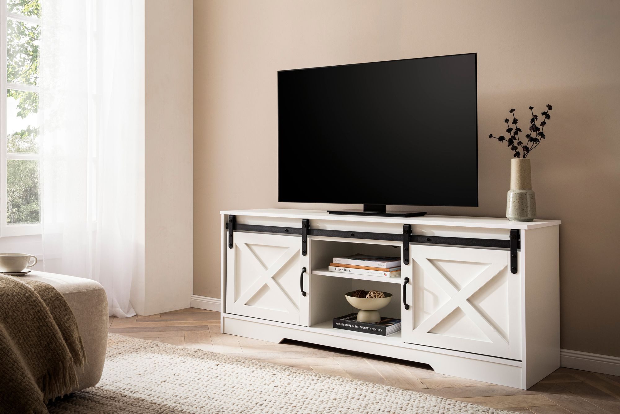 Wohnling Lowboard WL6.879 150 cm TV Schrank Fernsehkommode Fernsehschrank Weiß Landhaus (Weiß 150x59,5x39,5 cm mit zwei Türen, Landhaus), Fernsehtisch, TV-Schrank Modern, TV-Kommode Hoch