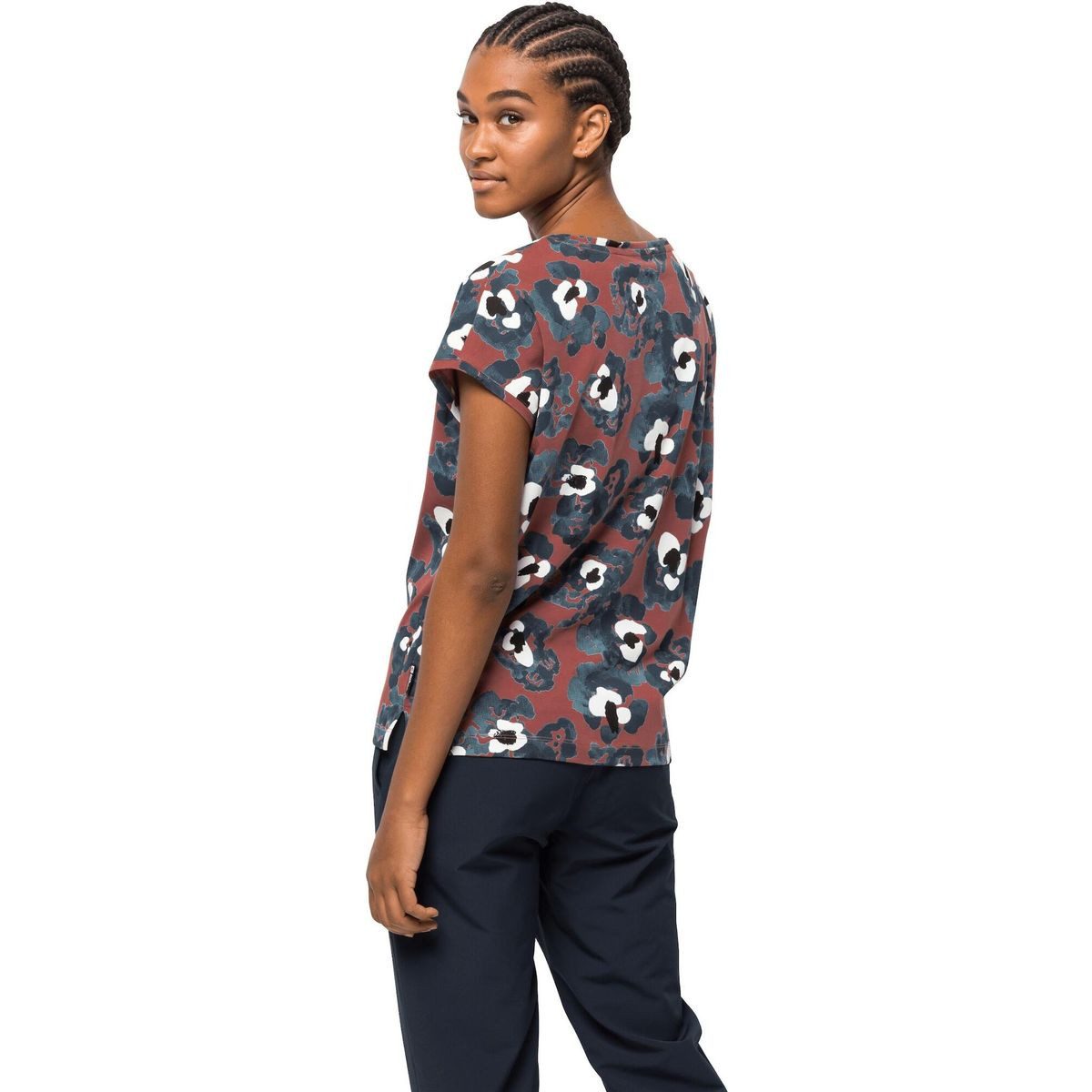 Jack Wolfskin Kurzarmshirt Florell T W Leichtes, pflegeleichtes T-Shirt aus Bio-Baumwolle mit floralem