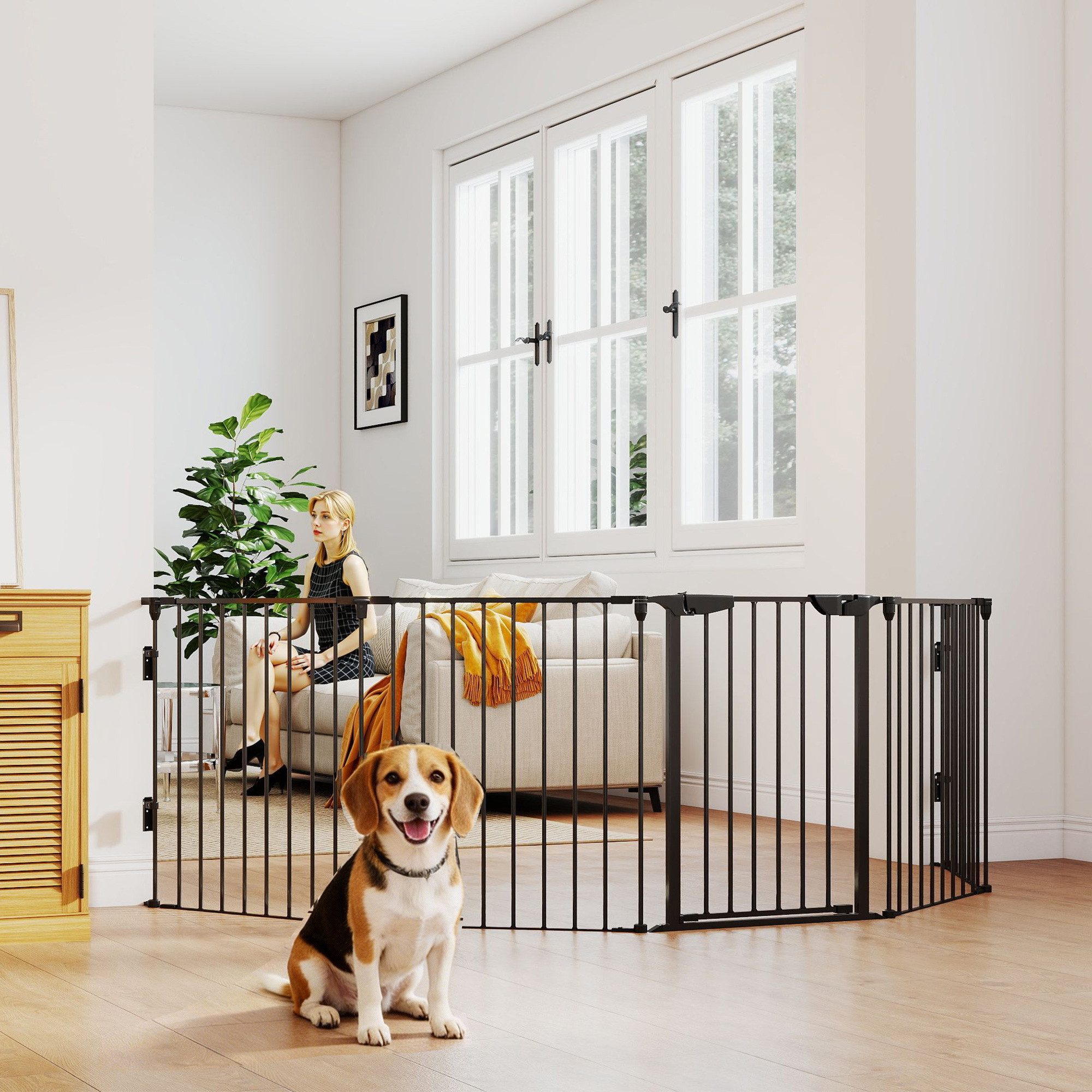 PawHut Freigehege Welpenauslauf 5-TLG Klappbar Absperrgitter Hund mit Tür, für kleine und mittelgroße Hunde, 300 x 74,5 cm, Metall, Schwarz