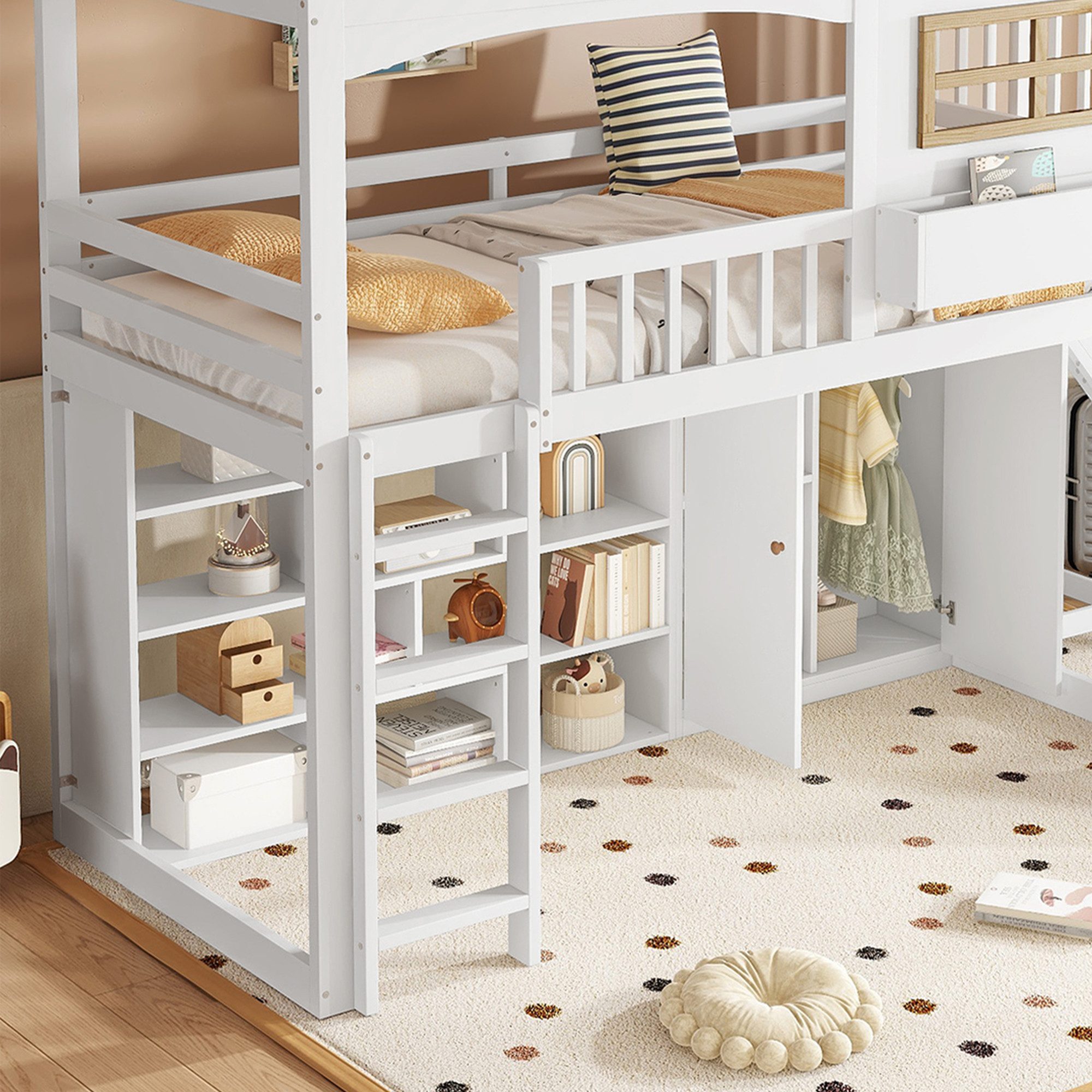 Merax Loft Bed (1 pc., Pine Children's Bed Playhouse with Safety Rail & Window) Bunk Bed 90x200cm with Wardrobe, Storage Compartments, Slide, Ladder