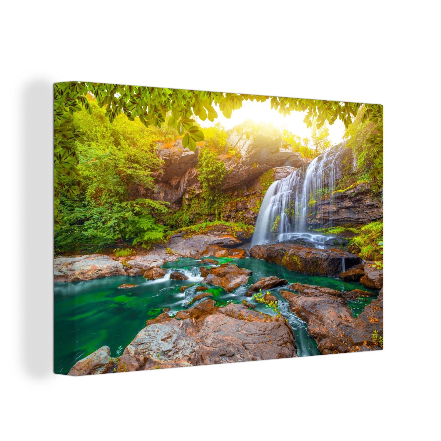 OneMillionCanvasses® Leinwandbild Natur - Wasserfall - Pflanzen - Bäume - Sonne, (1 St), Wandbild für alle Wohnbereiche, Gemälde, XXL, großes, 120x80 cm