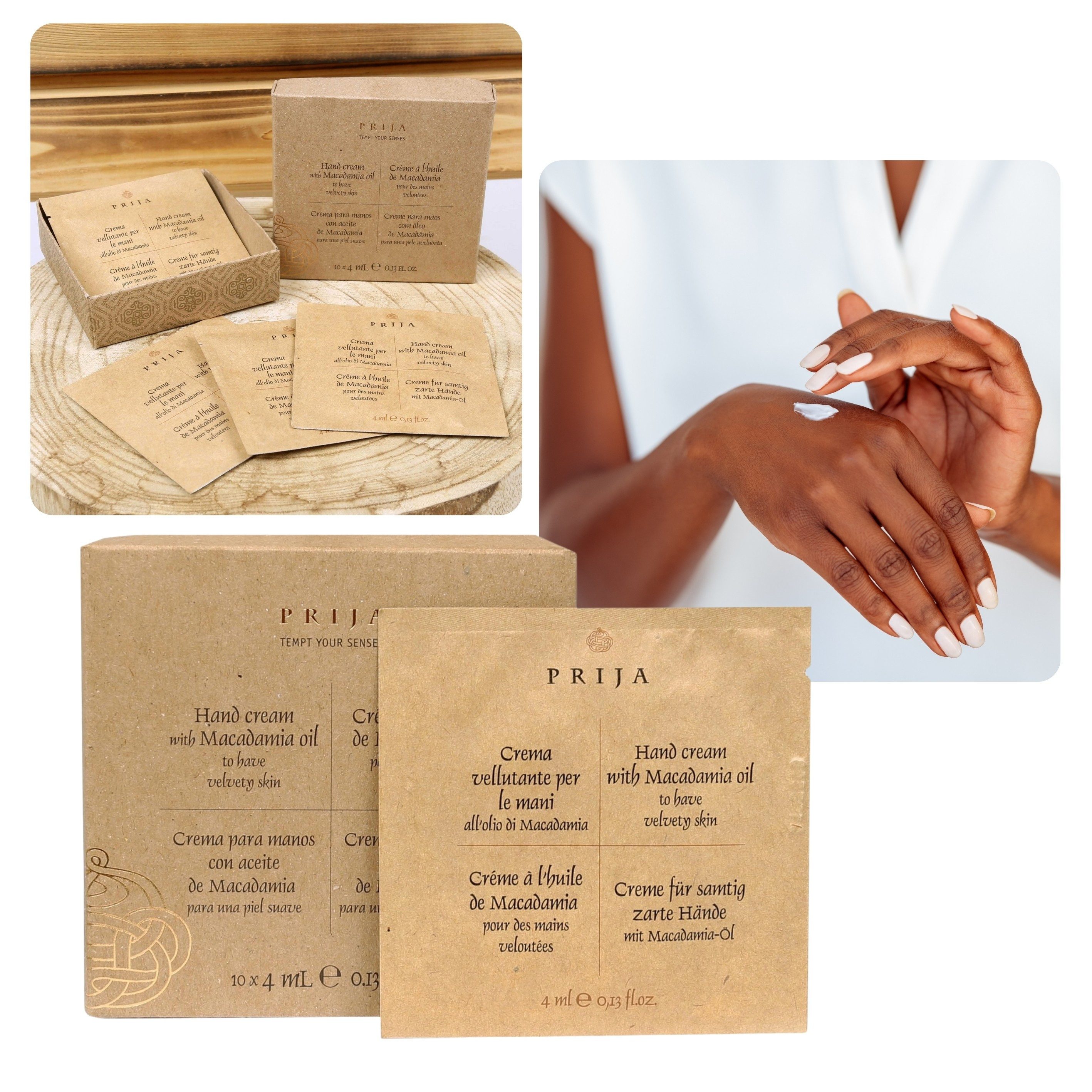 PRIJA Handcreme PRIJA Natürliche Handcreme mit Macadamiaöl GESCHENK 10 Sachets x 4ml, 10-tlg.
