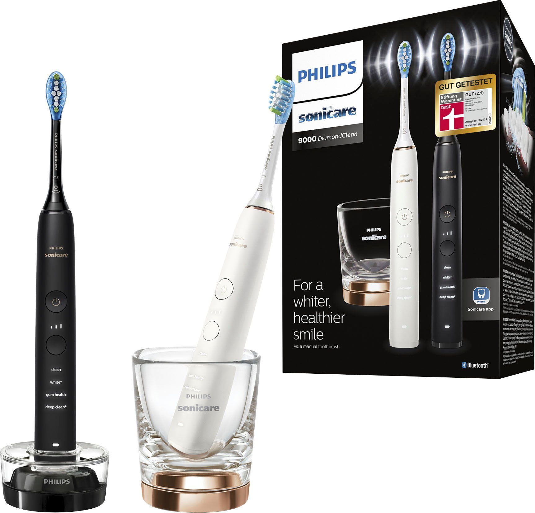 Philips Sonicare Elektrische Zahnbürste DiamondClean 9000 HX9914, Aufsteckbürsten: 2 St., DiamondClean Premium Schallzahnbürste, Doppelpack inkl. Ladeglas