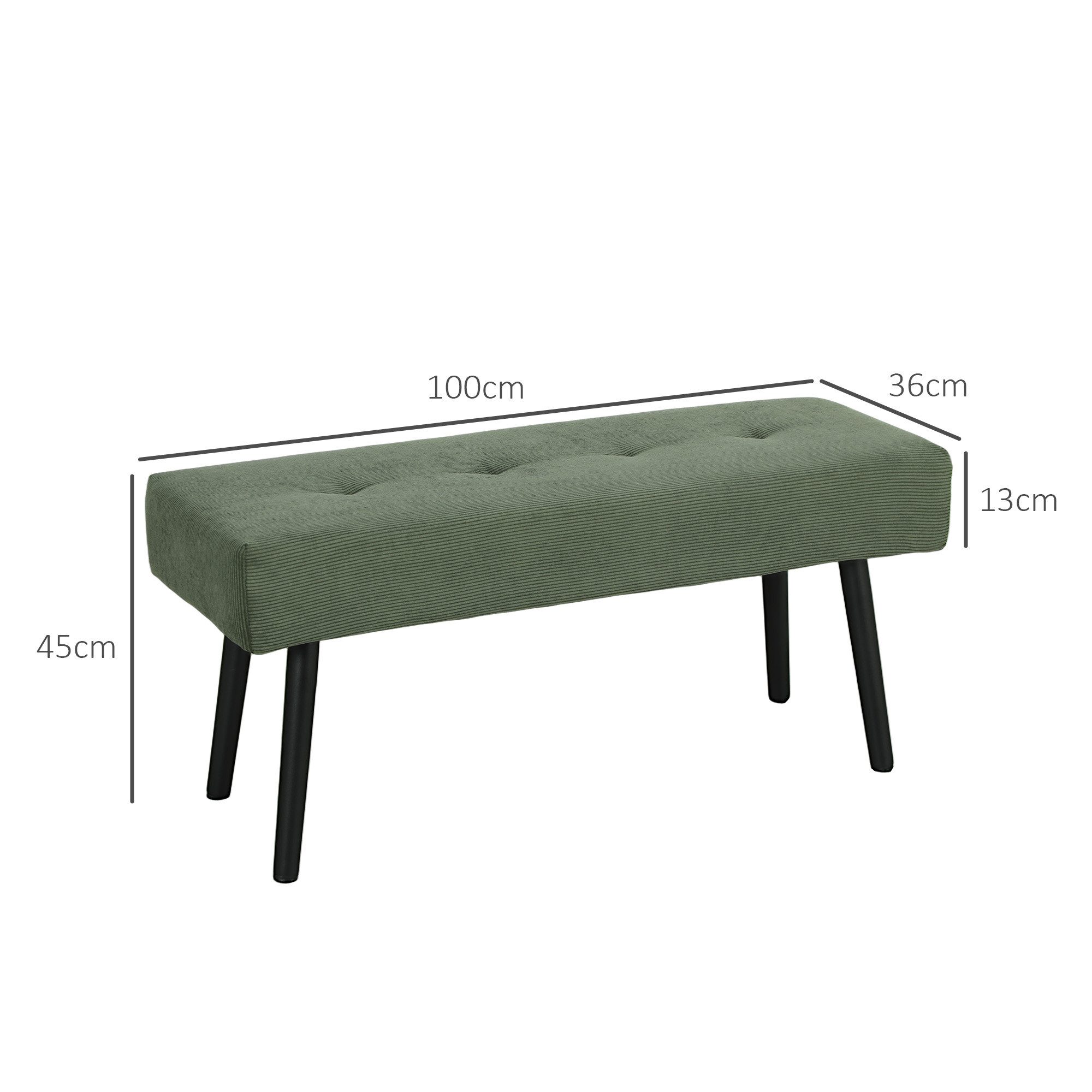 HOMCOM Polsterbank Sitzbank mit Cordbezug, Metallbeinen, Flurmöbel, 220 kg belastbar (Schuhbank, 1-St., getuftete Bettbank), für Schlafzimmer, Wohnzimmer, Flur 100 x 36 x 45 cm Grün