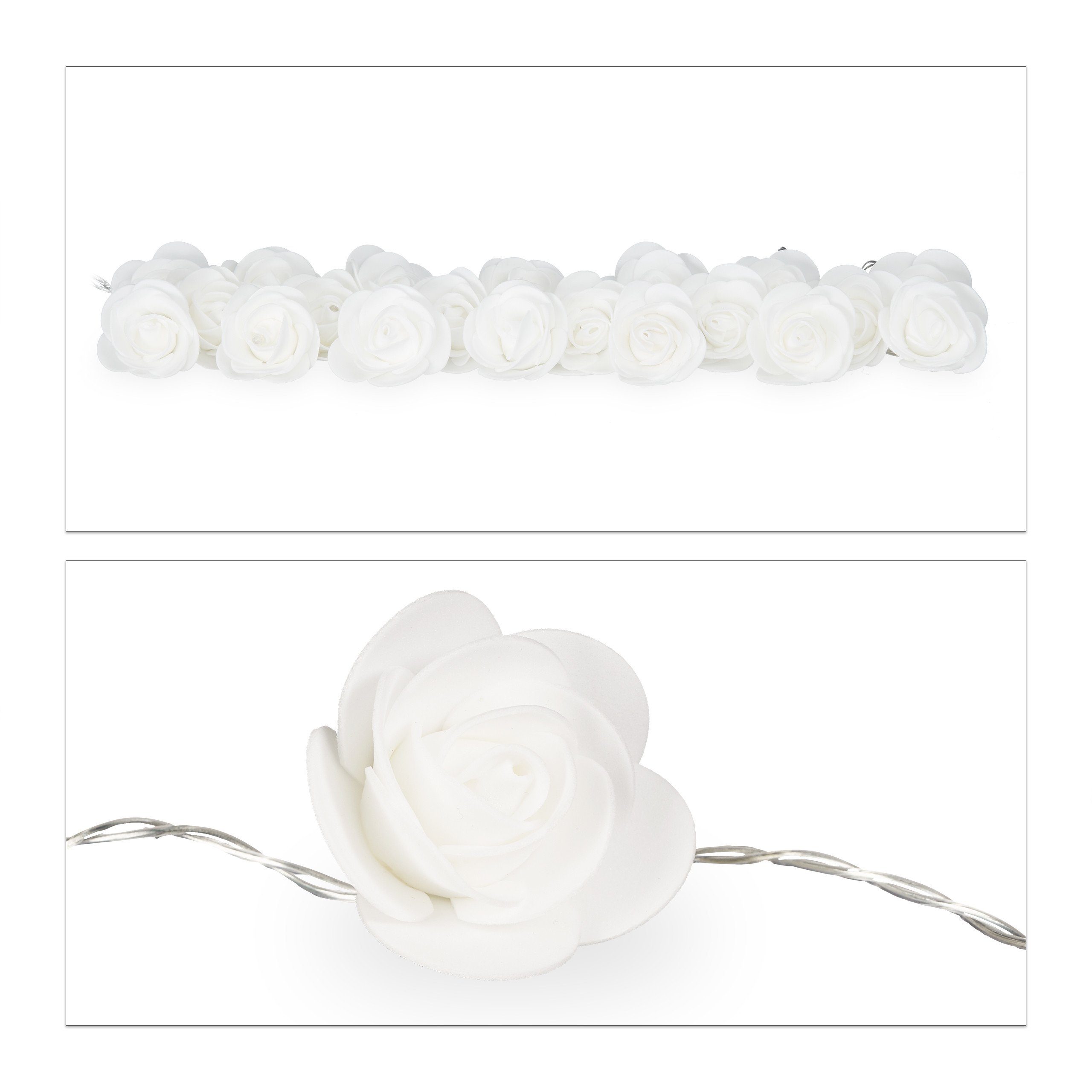 relaxdays Lichterkette Rosen Lichterkette, Weiß Transparent Weiß