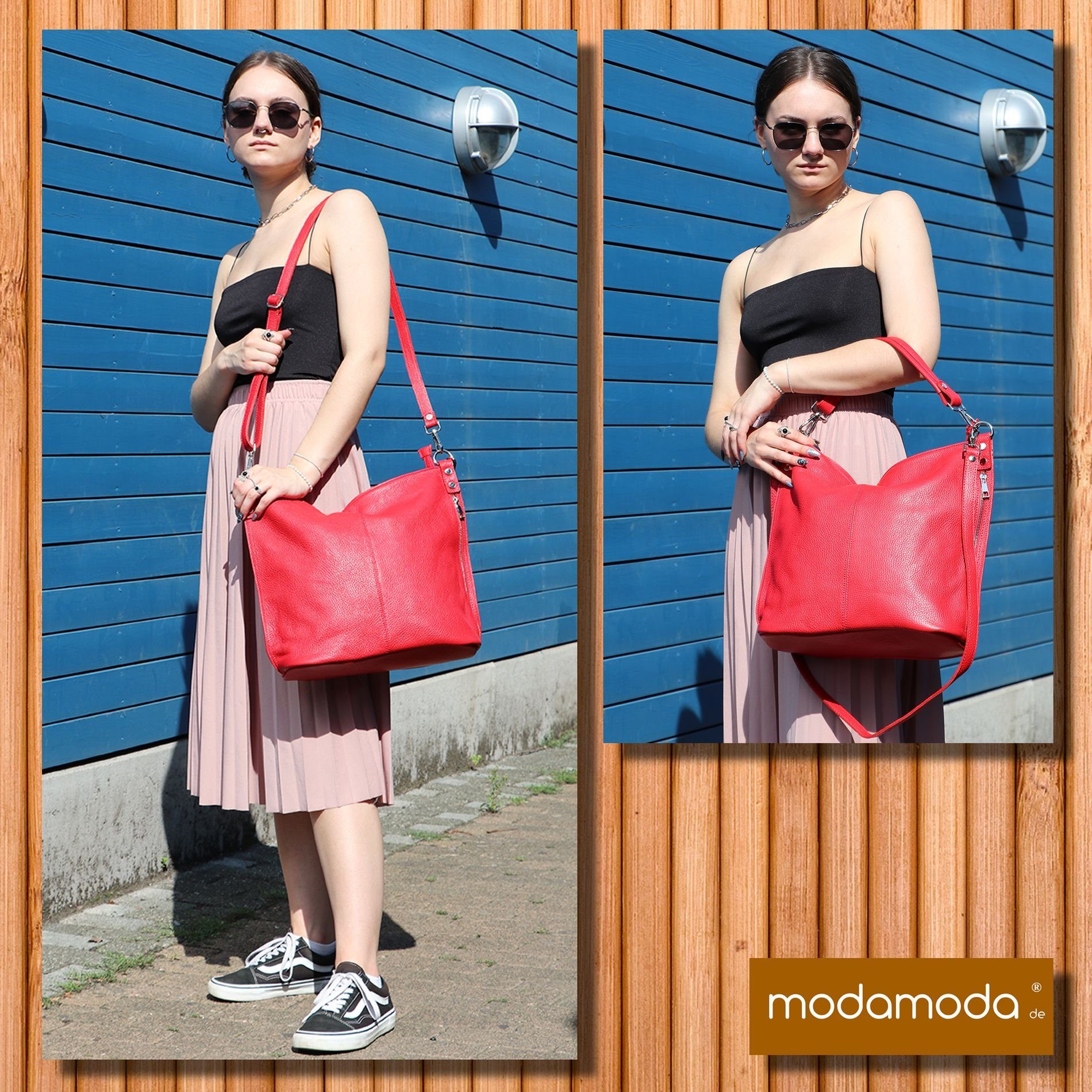 T177, Schultertasche Rot modamoda Echtleder in Italy de Handmade