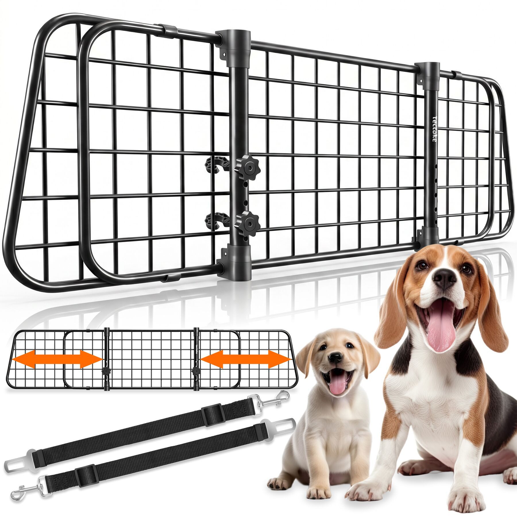 tectake Hundegitter Kofferraumtrenngitter breitenverstellbar mit Variabler Breite (Komplettset, 91,5 x 30,5 x 5 cm), Mobiler Kofferraumschutz mit einfachem Stecksystem, 2 Anschnallgurten