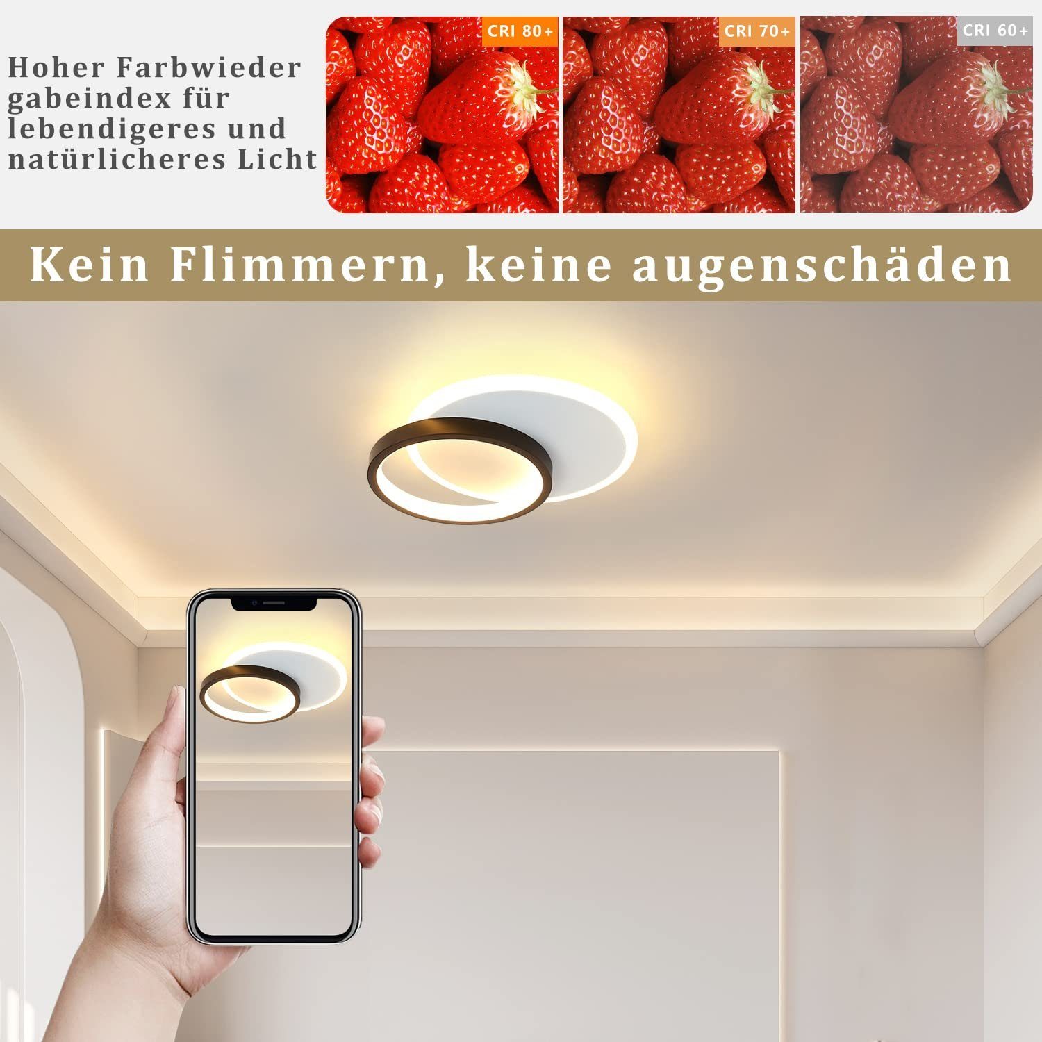 12W 2 LED Acryl Warmweiß, integriert, ZMH fest LED Modern Weiß Wohnzimmerlampe, Deckenleuchte Design Schwarz Ringe,