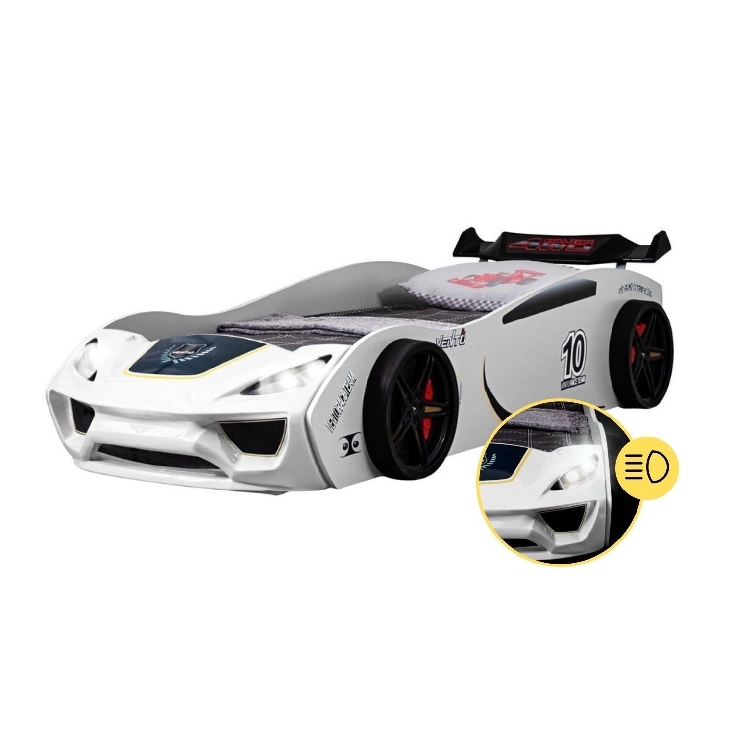 Coemo Autobett (Kinderbett mit Spoiler), Renn-Design DREAM RACER 90x200 mit Lattenrost Weiß | Weiß