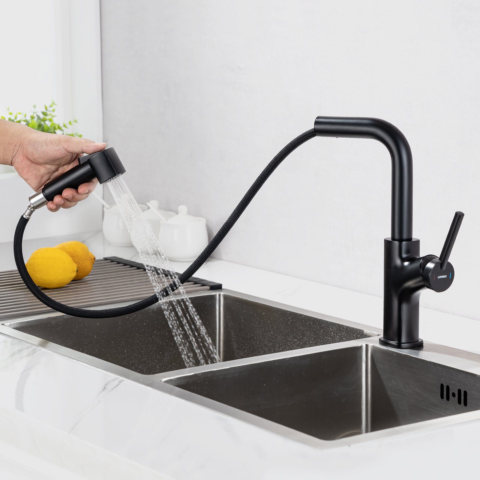 Lonheo Küchenarmatur Wasserhahn Spültischarmatur Mischbatterie mit Ausziehbar Brause 360° für Küche Armatur Einhandmischer Schwarz