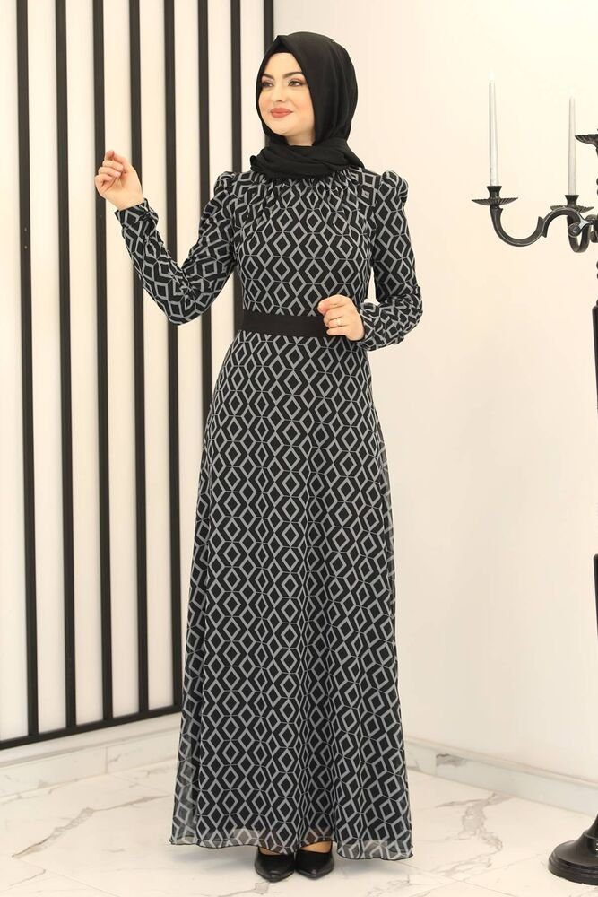 Modavitrini Chiffonkleid Damen Kleid Abendkleid mit Rautenmuster Abiye Hijab Mode langärmliges Maxikleid