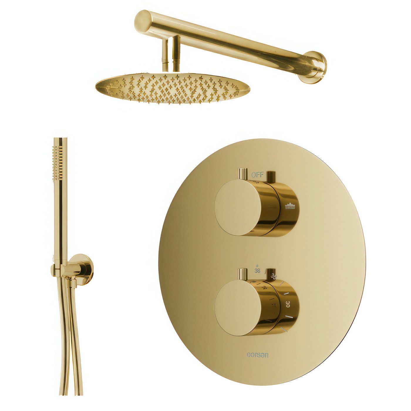 KOLMAN Stangenbrause-Set LUGO Komplettes Unterputz Duschsystem Thermostatisch in Gold, Höhe 18 cm, in Gold