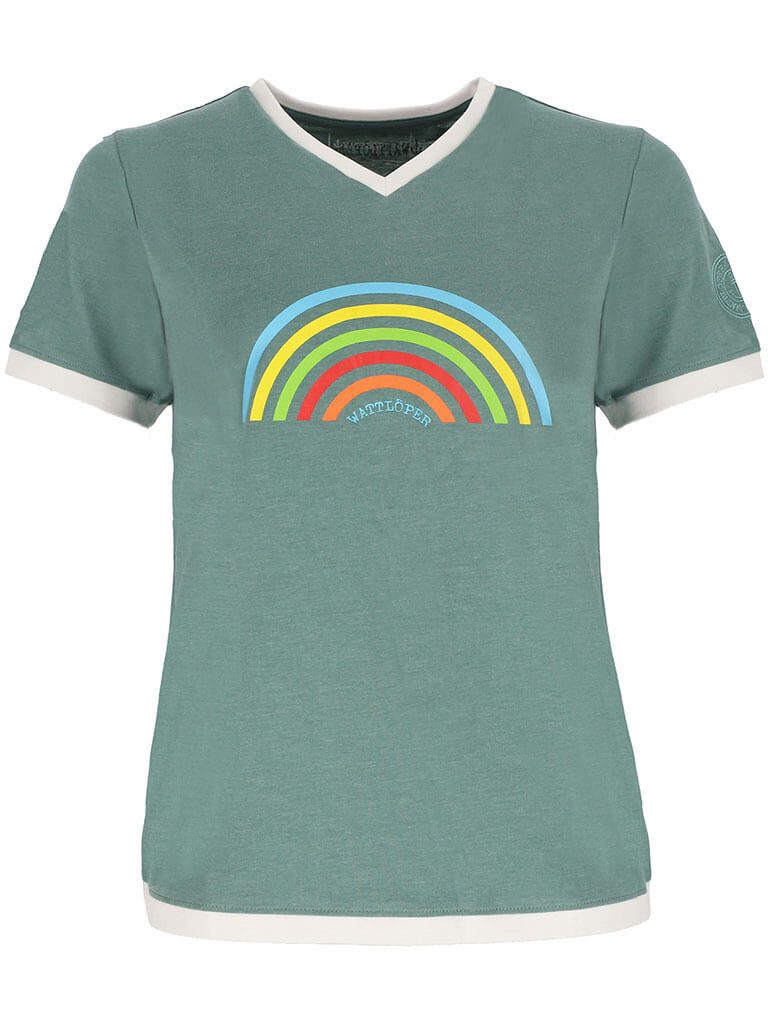 Wattlöper T-Shirt 11367 Damen Kurzarm-Shirt V-Ausschnitt mit Regenbogen-Print Sommershirt & Freizeitshirt mit farblich abgesetzten Details