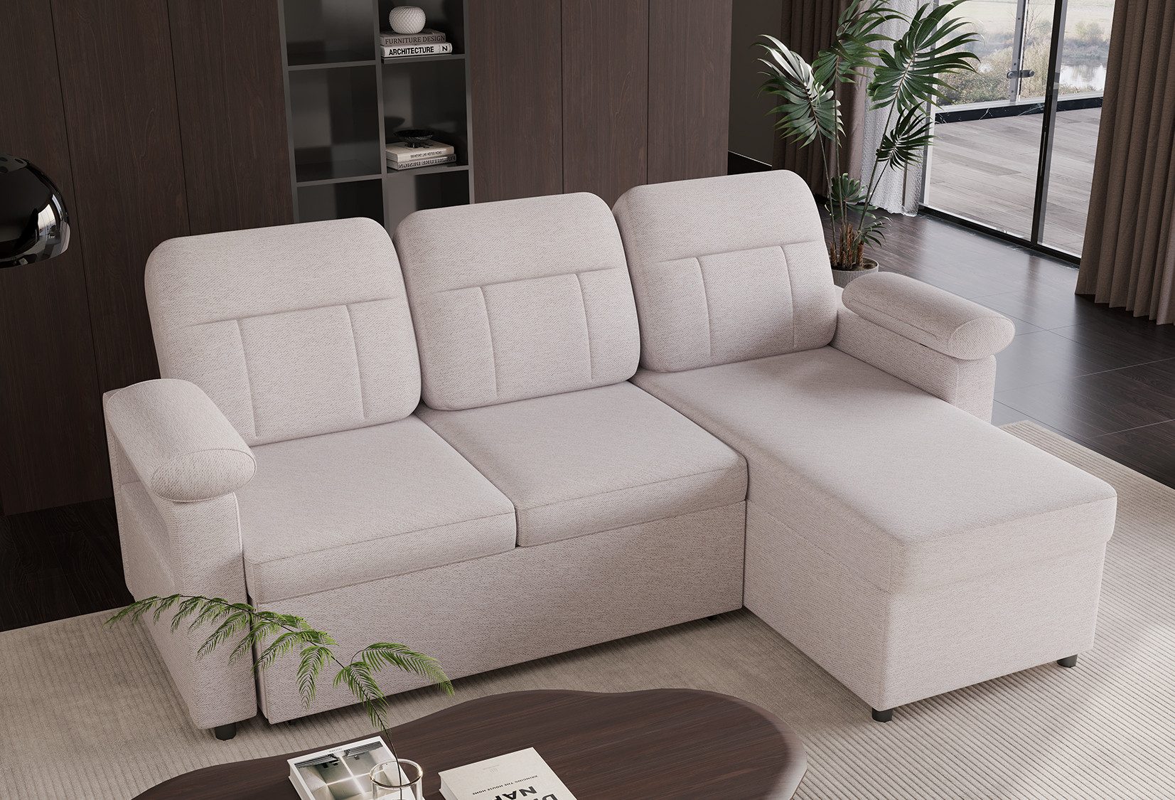 HOMAVO Ecksofa Couch L-Form, Schlafsofa mit Schlaffunktion und Stauraum, Federkern, Abnehmbares und waschbaresSitzkissen, Handyhalterung, Getrankehalter