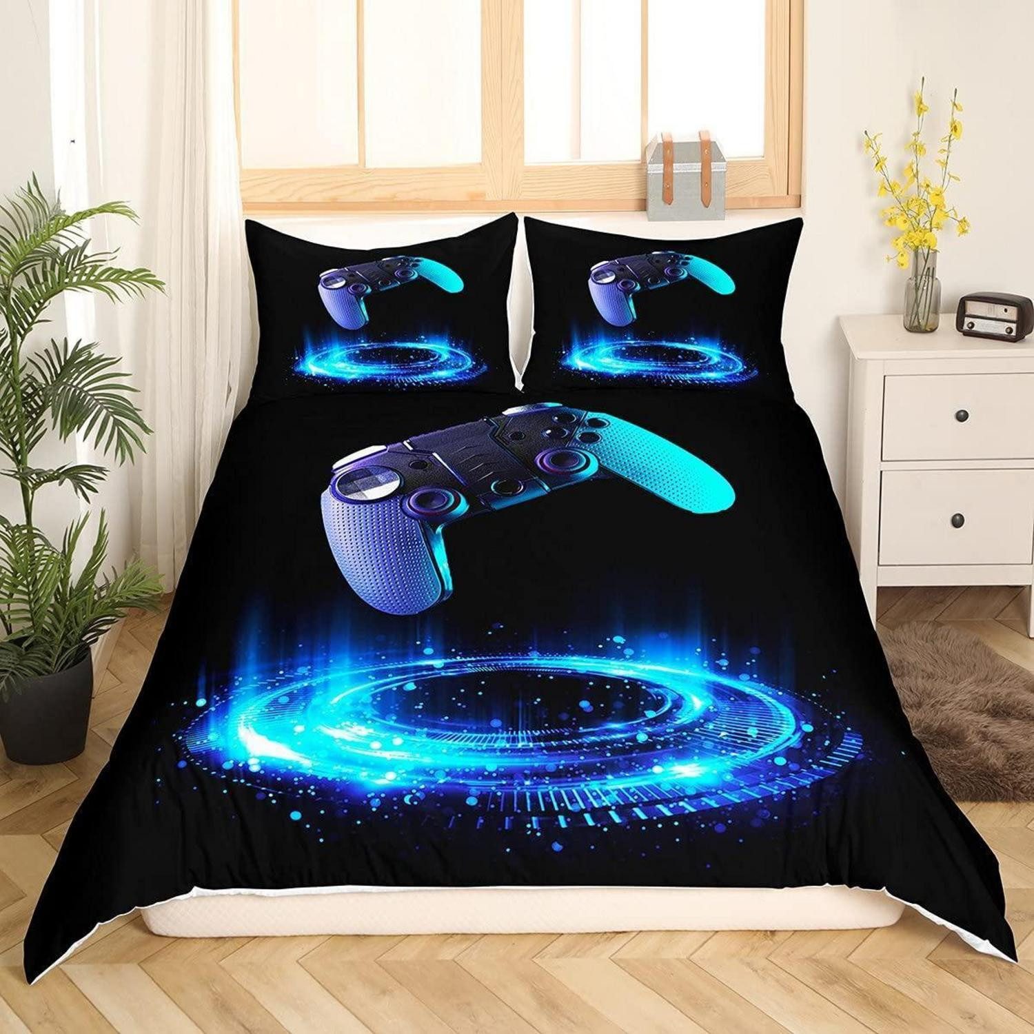 LuxusKollektion Jugendbettwäsche Bettwäsche Game Controller 135x200cm schwarz blau 2tlg
