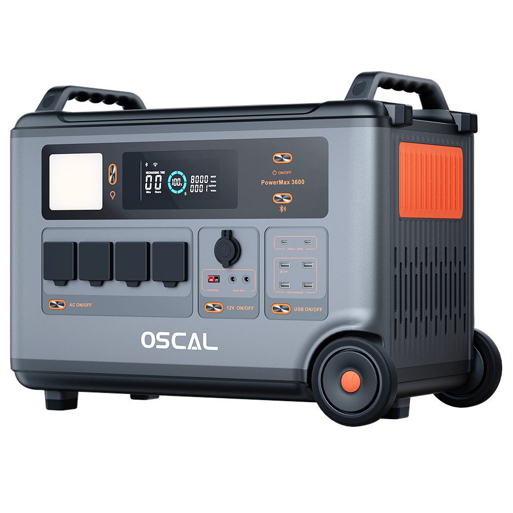 OSCAL Stromerzeuger PowerMax 3600, 3600Wh bis 57600Wh LiFePO4-Akku, 14 Ausgänge, 5 LED-Lichtmodi