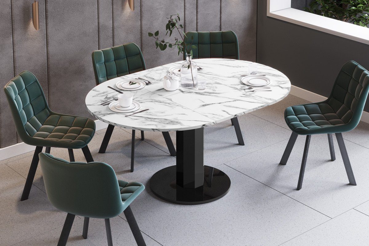 oval HES-111 Design Hochglanz designimpex ausziehbar Esstisch Weiß Tisch rund Esstisch Hochglanz - 100-148cm Marmoroptik Hochglanz