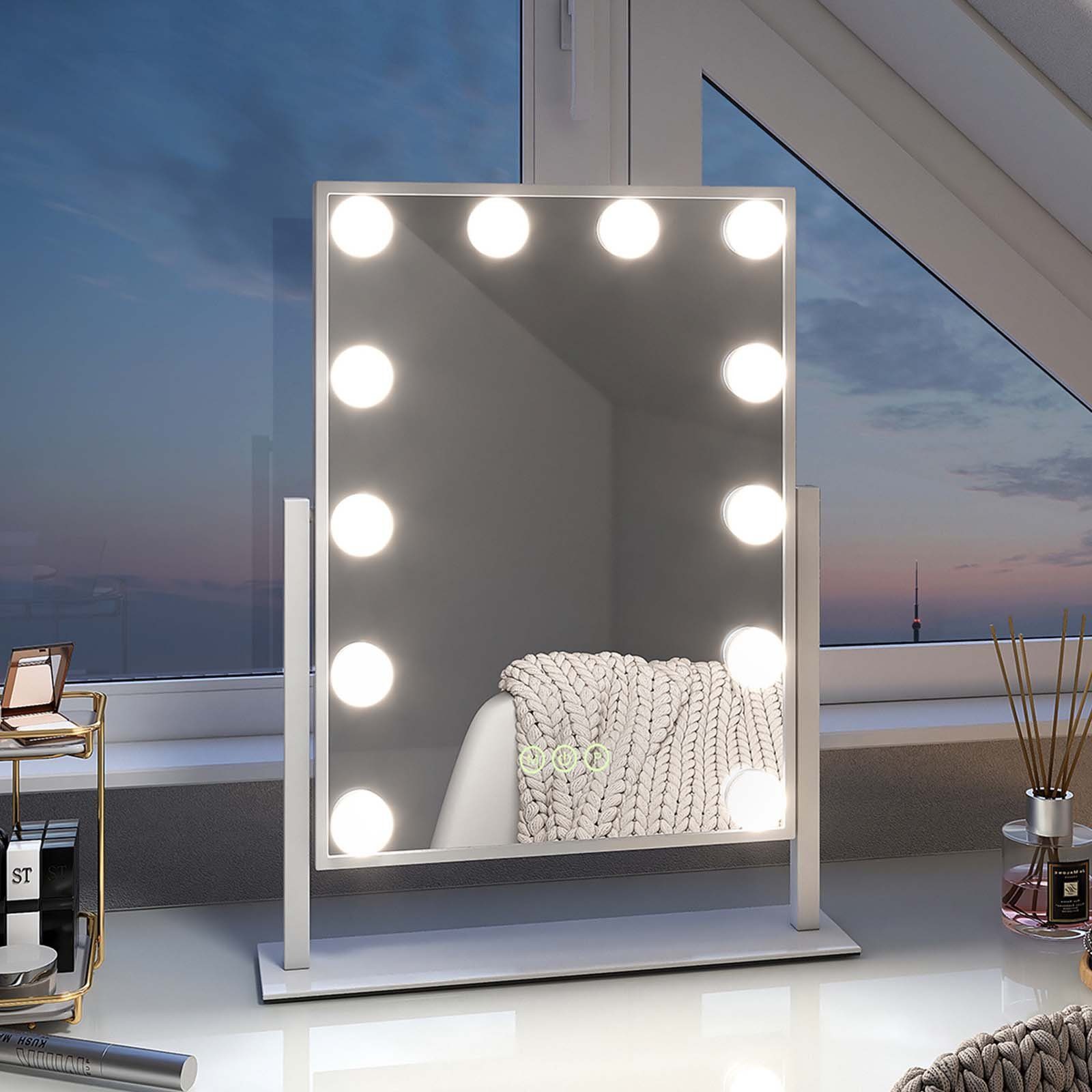 EMKE Kosmetikspiegel Hollywood Spiegel 360° Drehbar Schminkspiegel mit Beleuchtung, 3 Lichtfarben 7x Vergrößerung Dimmbaren LED-Leuchtmitteln