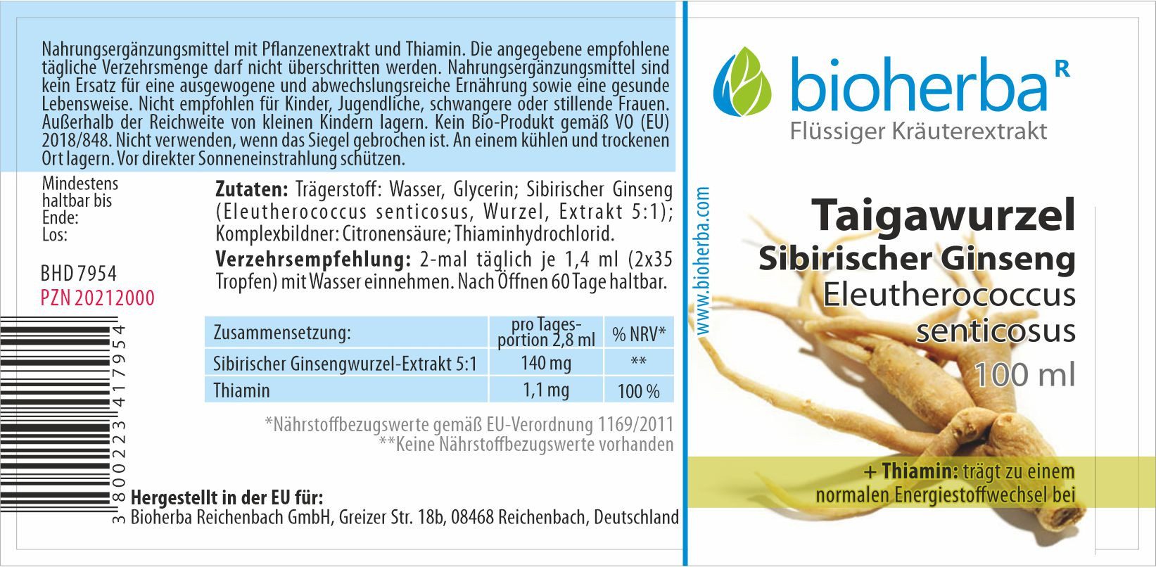 BIOHERBA R Bioherba Taigawurzel Sibirischer Ginseng Tropfen Tinktur 100 ml Nahrungsergänzungsmittel, 1 er