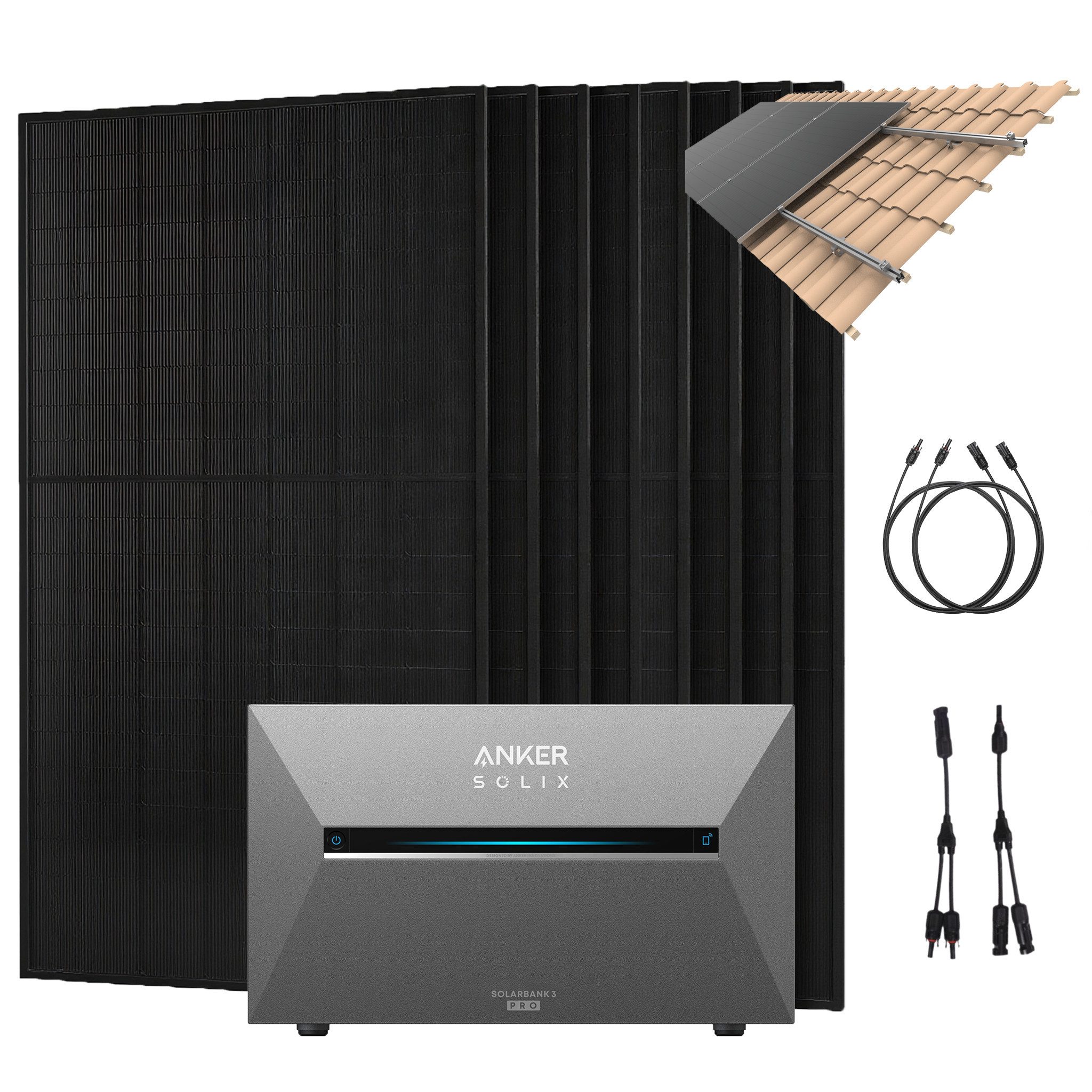 Anker Balkonkraftwerk Solix 4000W Photovoltaikanlage Komplettset mit Solarbank E2700 3 Pro, 1800 W, Monokristallin, (Set, 8-St., 8 Solarmodule + Anker Solarbank 3 pro + ohne/mit Halterung), IP65, Plug und Play