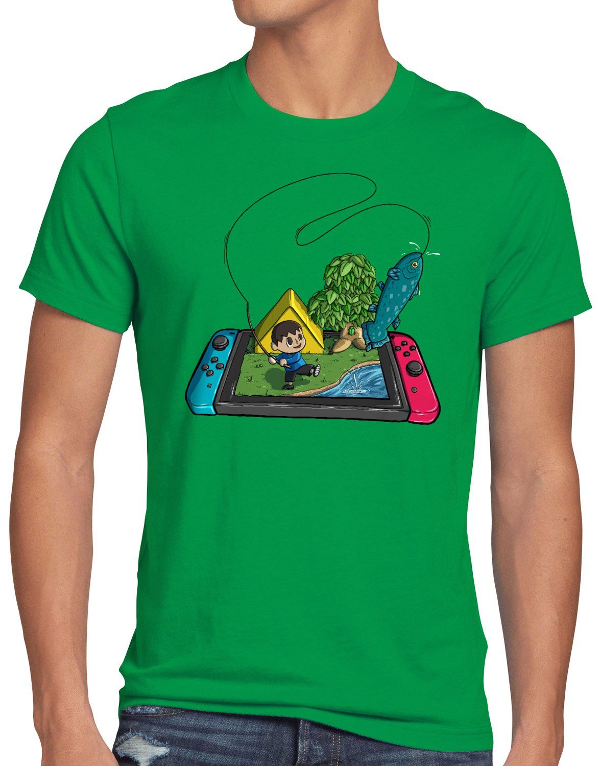 style3 Print-Shirt Herren T-Shirt Crossing Fisch switch animal videospiel horizons grün