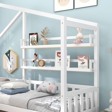 SOFTWEARY Kinderbett Hausbett mit 2. Schlafgelegenheit und Lattenrost (90x200cm/70x140cm), Kiefer