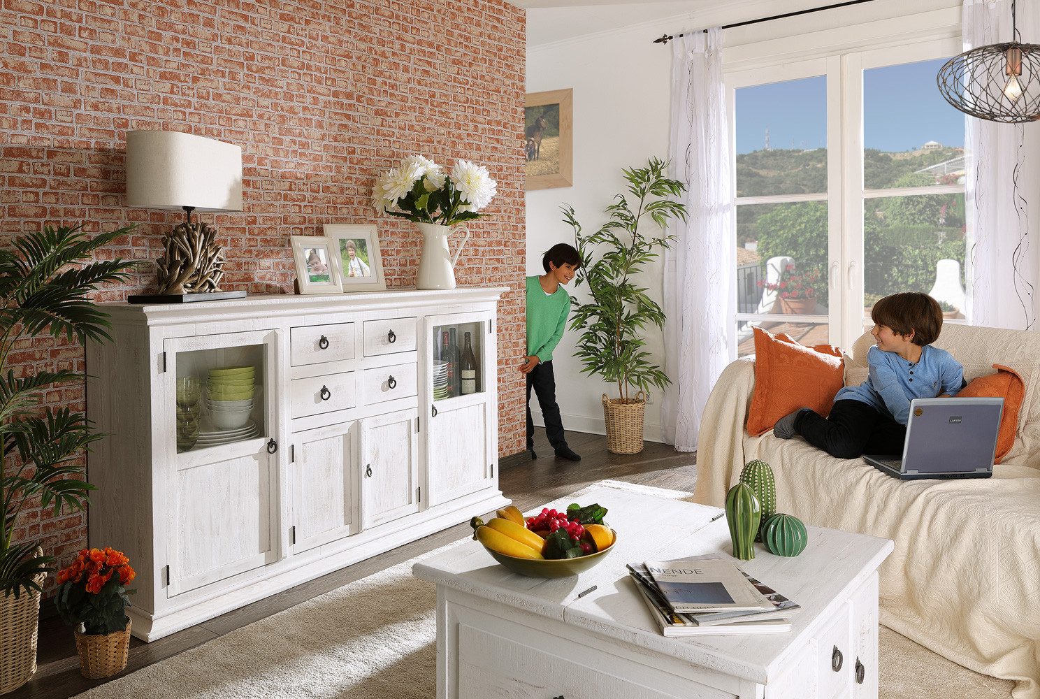 1a Direktimport Highboard Schrank Highboard Mexico - Pinie weiß antik - Landhaus Shabby Chic