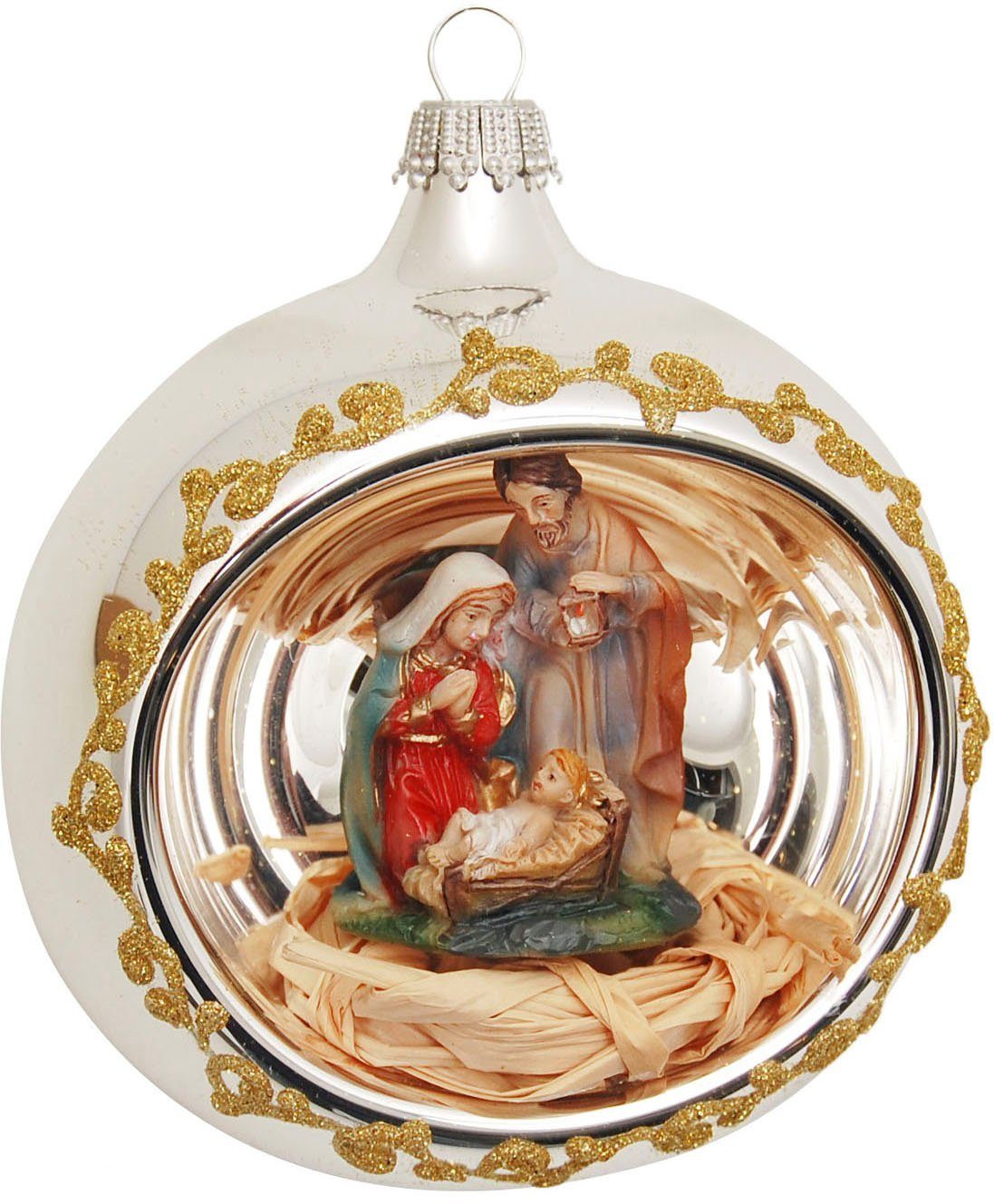 Krebs Glas Lauscha Weihnachtsbaumkugel mungeblasene Reflex-Glaskugel mit filigraner Krippenfigur, Ø ca. 8 cm (1 St), Weihnachtsdeko, Christbaumschmuck, Christbaumkugeln aus Glas