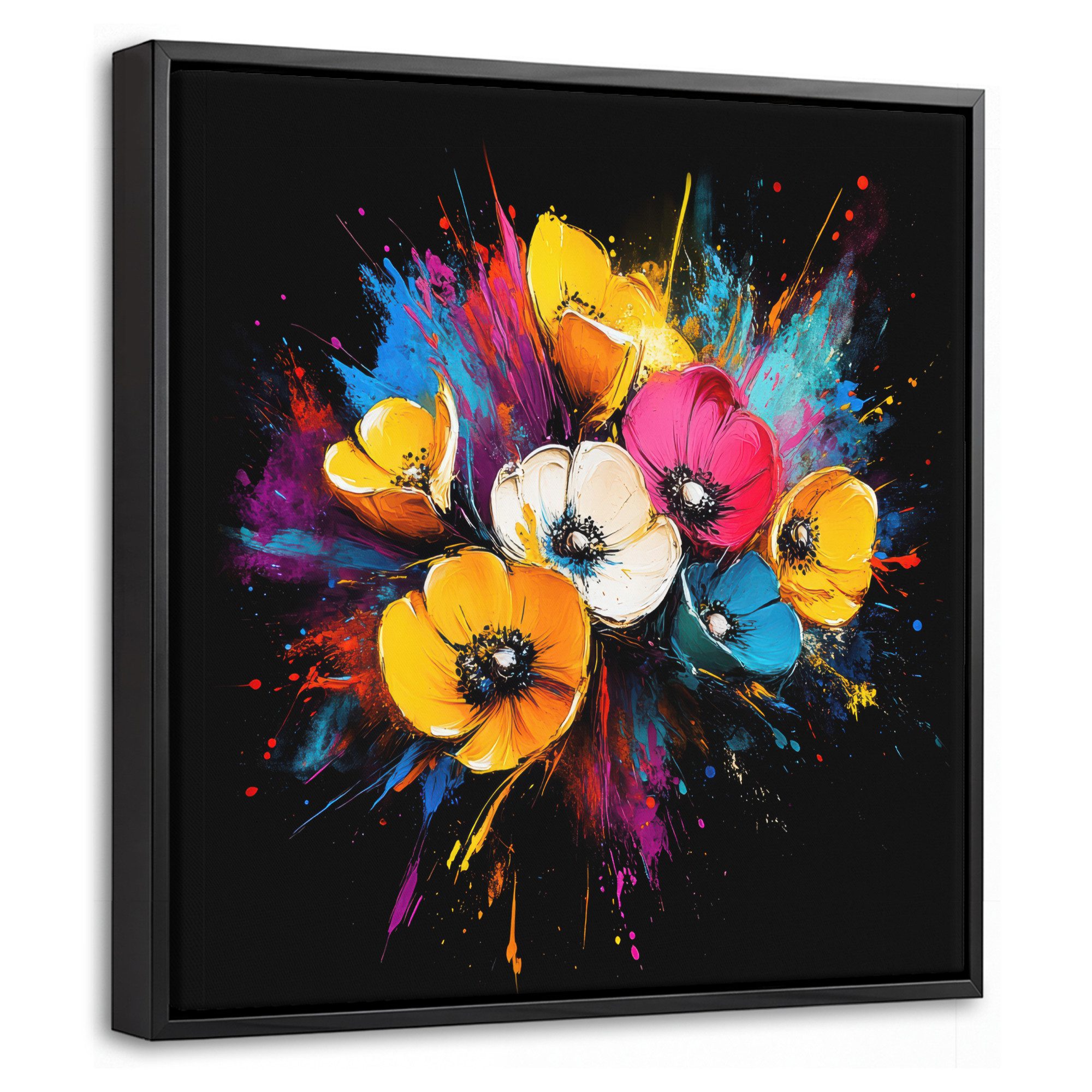 OneMillionCanvasses® Leinwandbild mit Rahmen - Blumen - Bunt - Graffiti - Modern - Blumenstrauß, Fotodruck (1 St), Leinwand Bilder Klein, Wand Dekoration Aesthetic 20x20cm