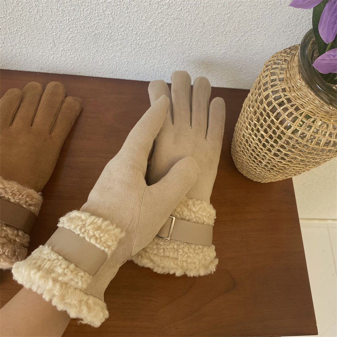 Wildlederimitat Fingerhandschuhe Fahrradhandschuhe aus für Damen L.Ru mit verdickten Lederschnallen Winter-Fahrradhandschuhe UG Warme