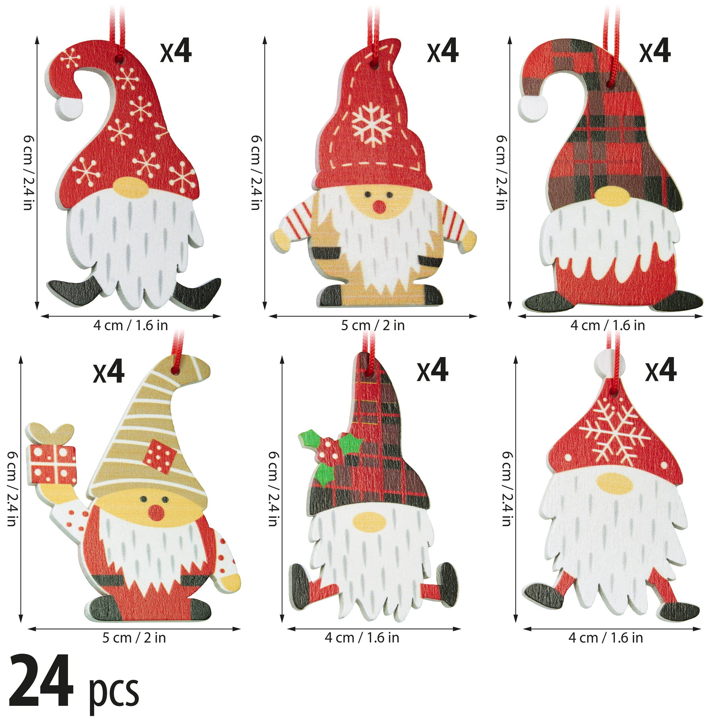 Christbaumschmuck und cm Lustige hoch Geschenke, BRUBAKER Set (24-tlg), Dekoanhänger 5,8 Weihnachtsanhänger Wichtel mit Weihnachtsmützen Zwerge