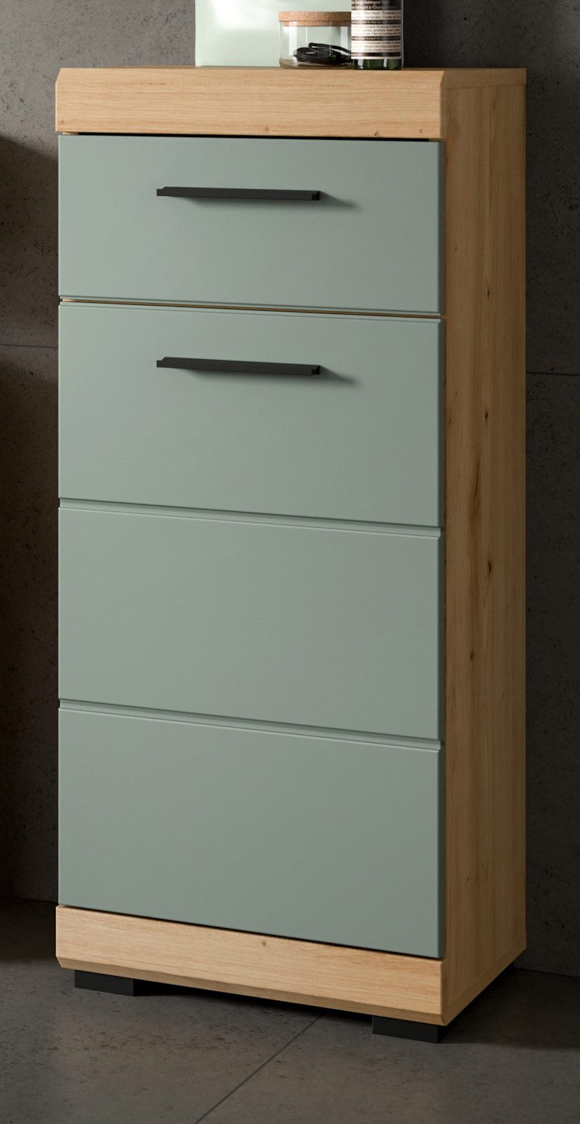 Inn.Furn Badkommode Shawn (Badschrank in Salbei und Artisan Eiche, 37 x 88 cm), mit Vollauszug