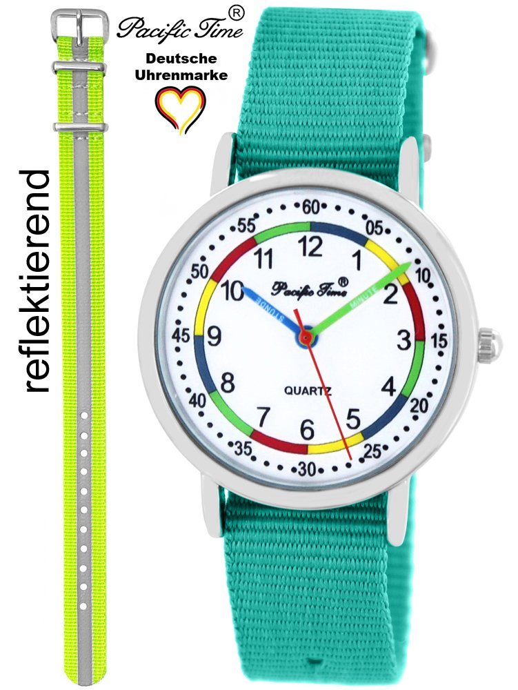 Time Pacific türkis Reflektor Armbanduhr und Mix Wechselarmband, Match Kinder Quarzuhr und - Set Design Lernuhr First Versand gelb Gratis
