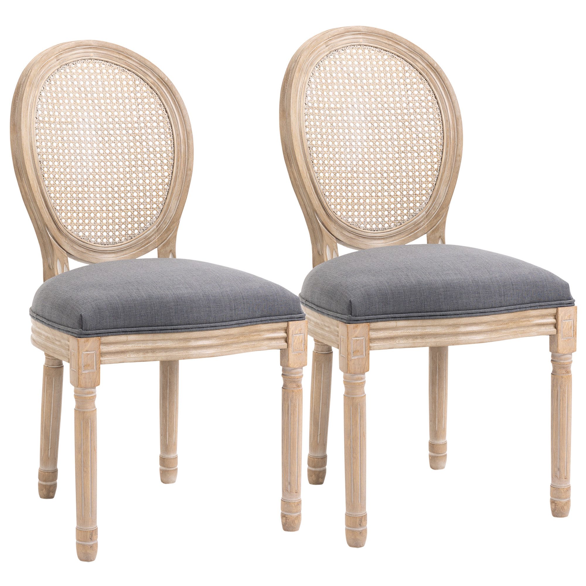 Esszimmerstuhl Küchenstuhl mit Rattan-Rückenlehne, Leinenoptik