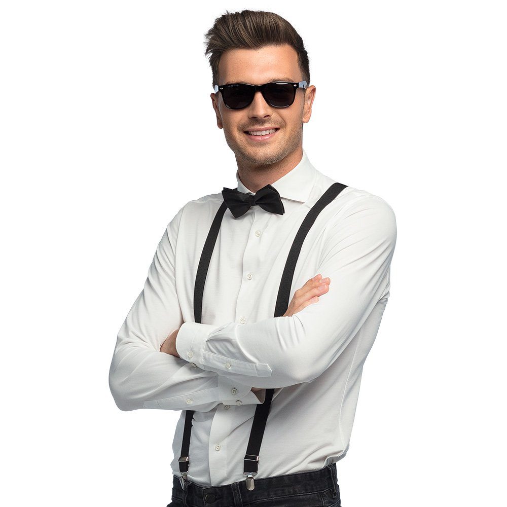 Boland Verkleidungsmaske Partyset Hosenträger, Brille und Fliege, Schwarz