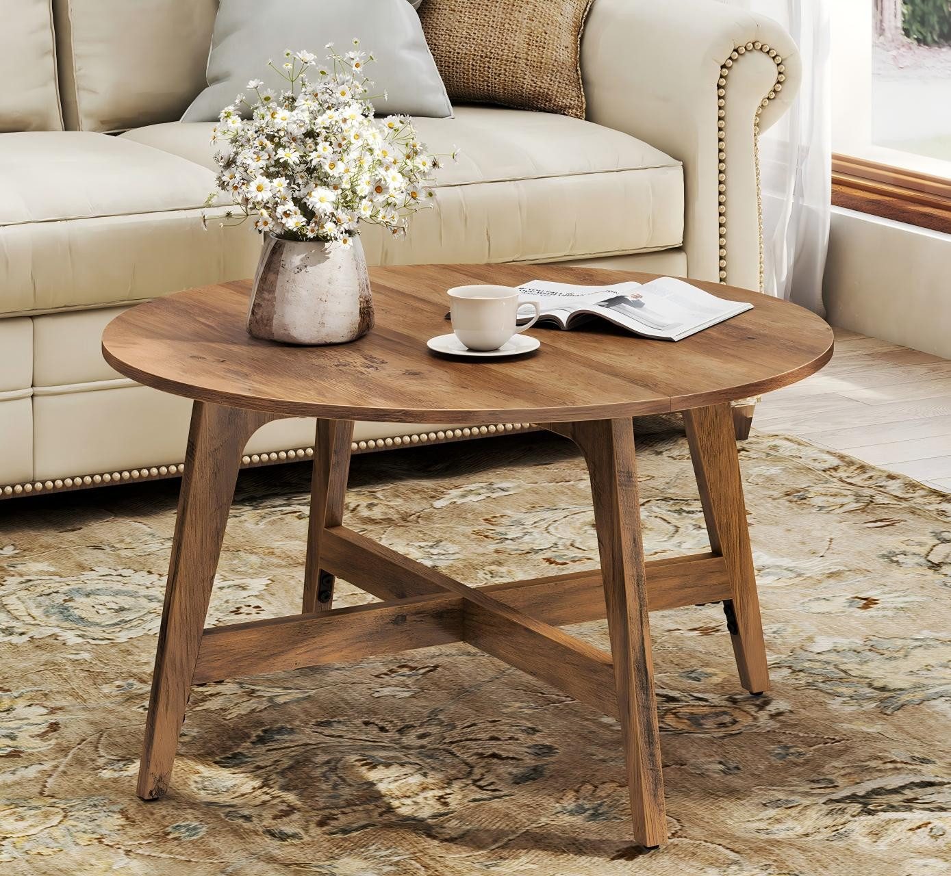 VASAGLE Couchtisch rund Wohnzimmertisch holz Beistelltisch braun (inkl. Zubehörpaket & Anleitung), Ø 80 cm, modern, skandinavisch, einfache Montage
