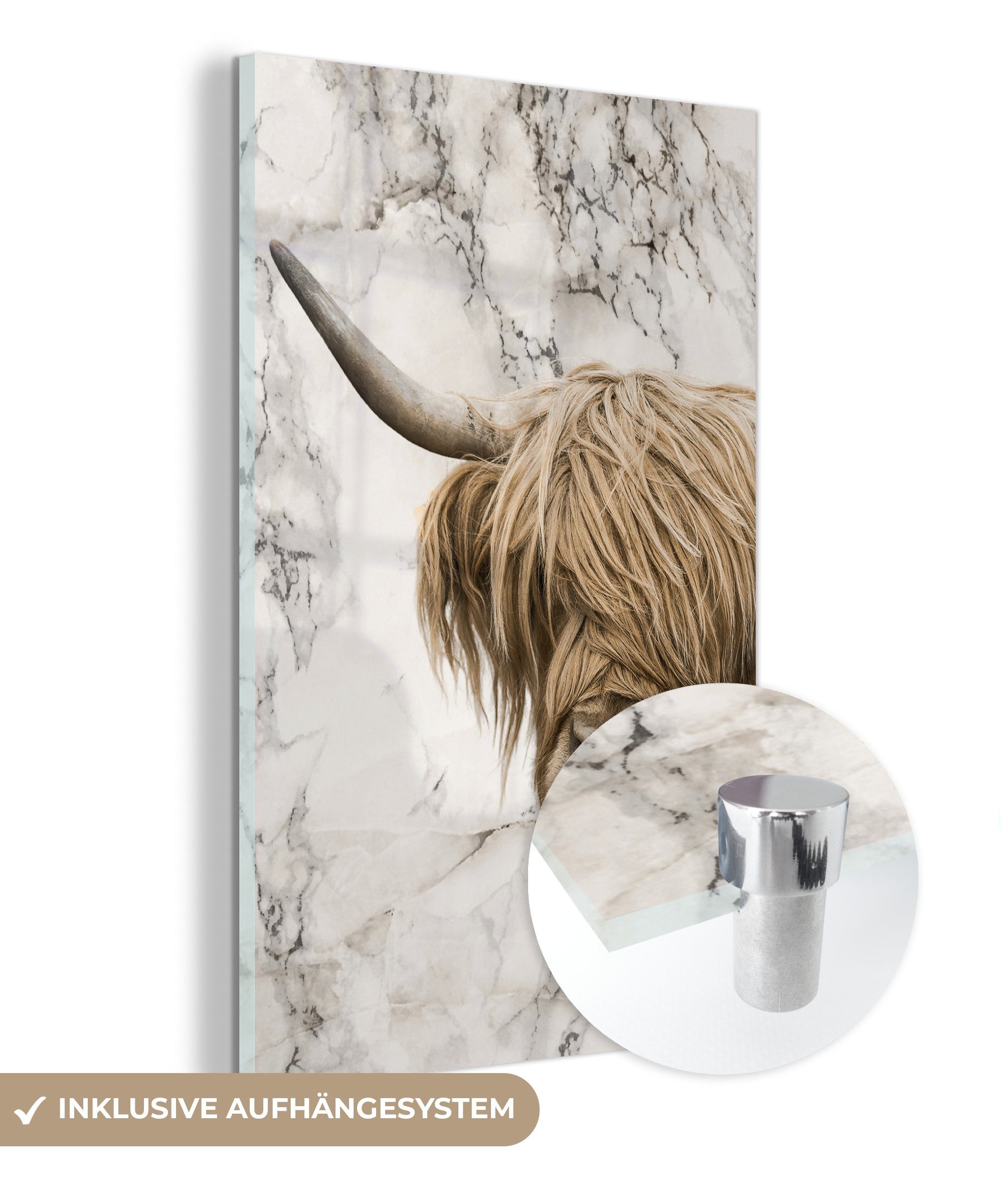 MuchoWow Acrylglasbild Schottischer Highlander - Kuh - Marmor, (1 St), Glasbilder - Bilder auf Glas Wandbild - Foto auf Glas - Wanddekoration