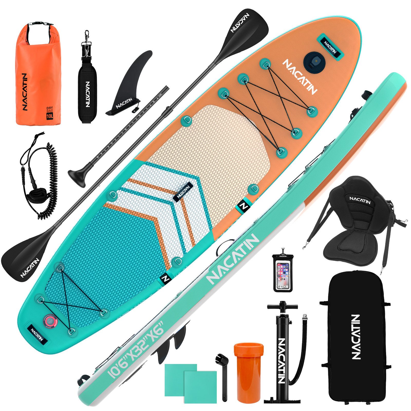 Inflatable SUP-Board mit Kajaksitz, Paddel, Pumpe, Rucksack & Tasche