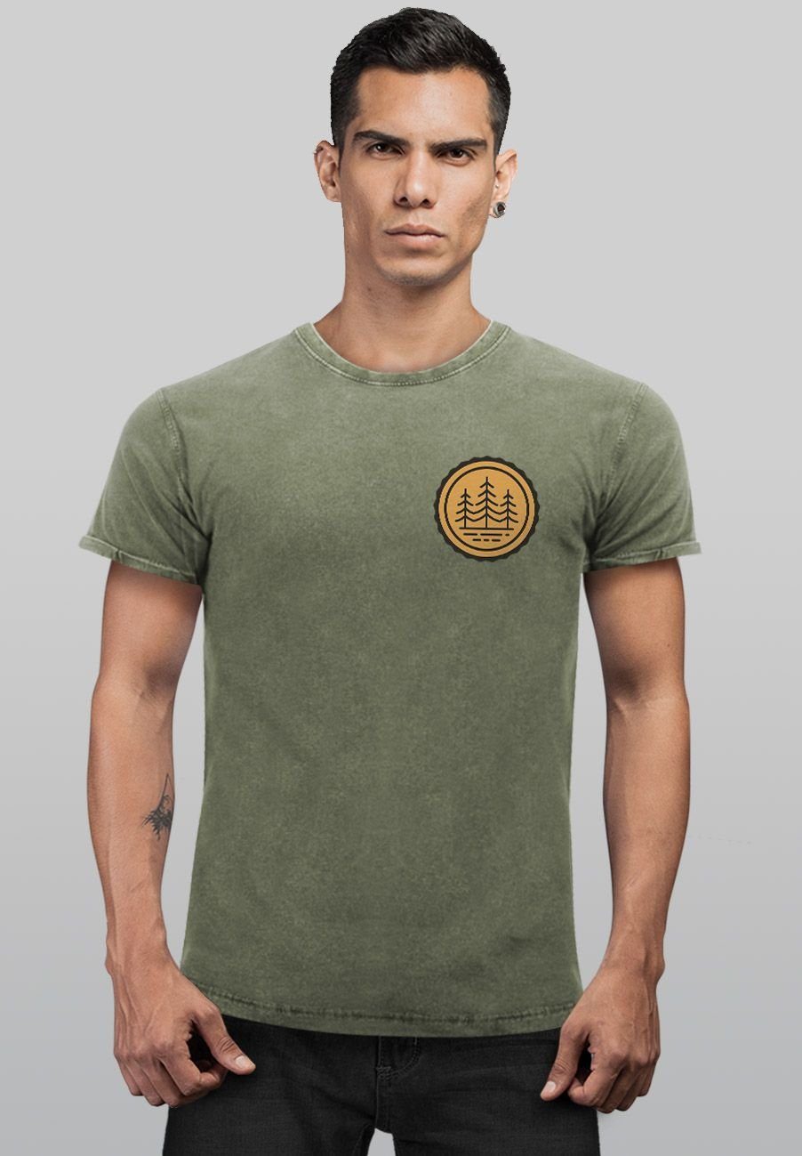 Neverless Print-Shirt Badge Logo Fash Print mit Vintage Shirt oliv Bäume Naturliebhaber Outdoor Wald Herren