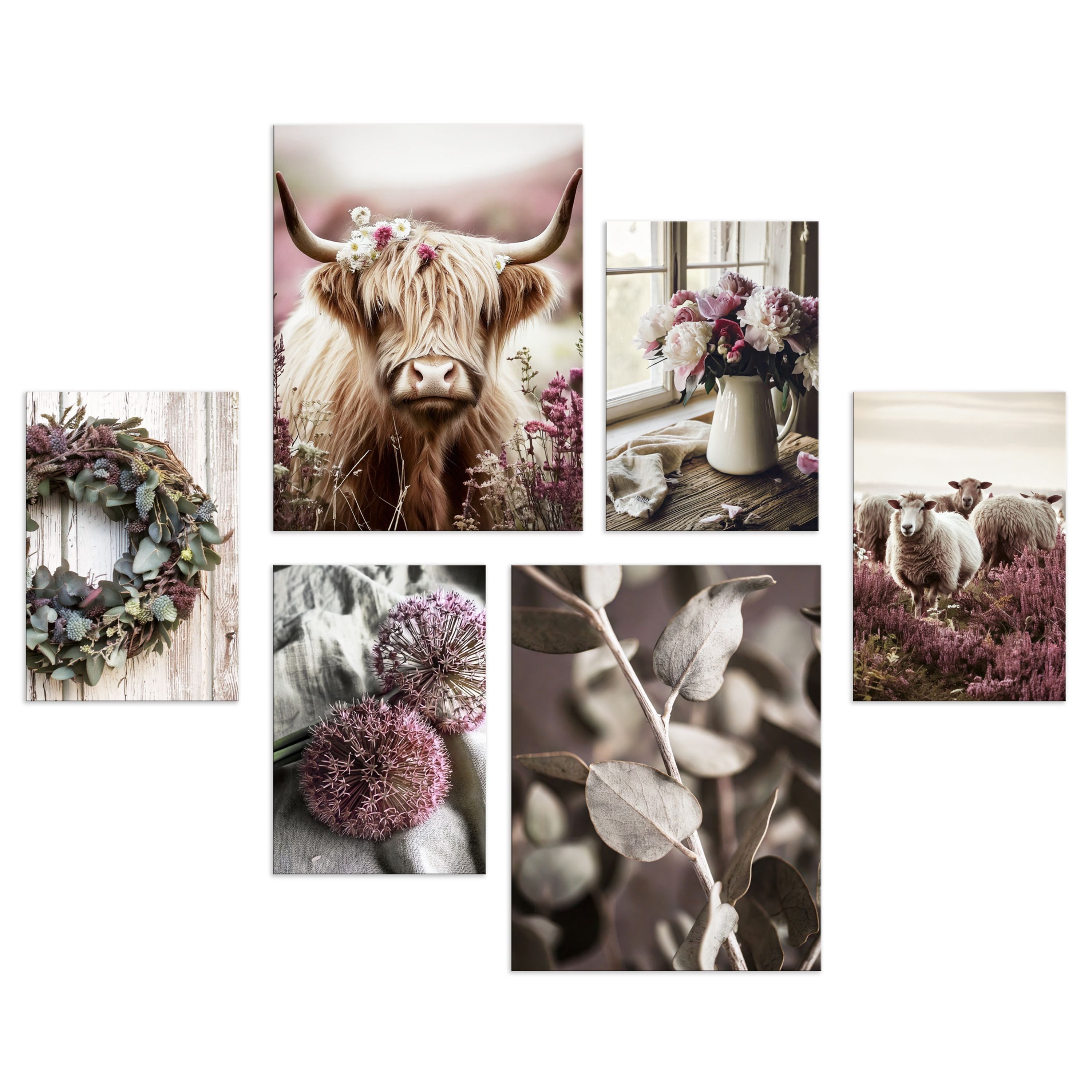 artissimo Mehrteilige Bilder Bilderset 6er-Set, Wandbilder-Set Natur, Bilderwand boho Blumen beige, Vintage Landhaus: Blumen und Blüten – Bild 3 von 5
