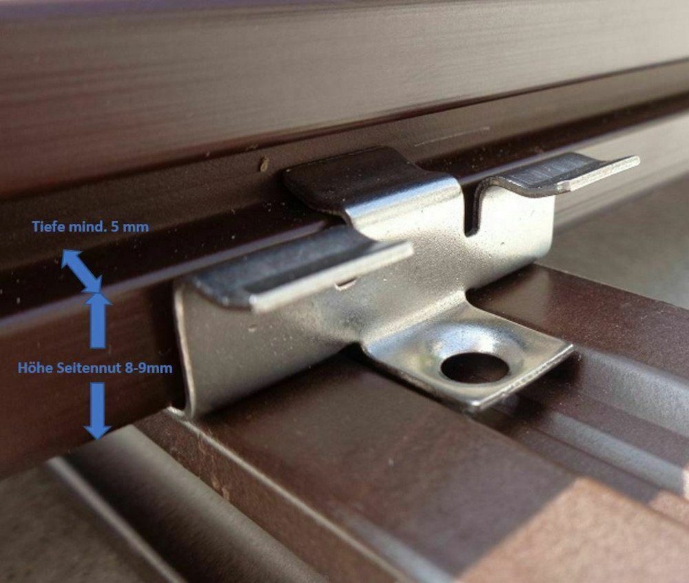 BruKa Leisten-Befestigungsclips Edelstahl Clips V2A Terrasse WPC Dielen Befestigungsclips Holz Clips Schrauben Klammern Terrassendielen Montageclip, (100-St)