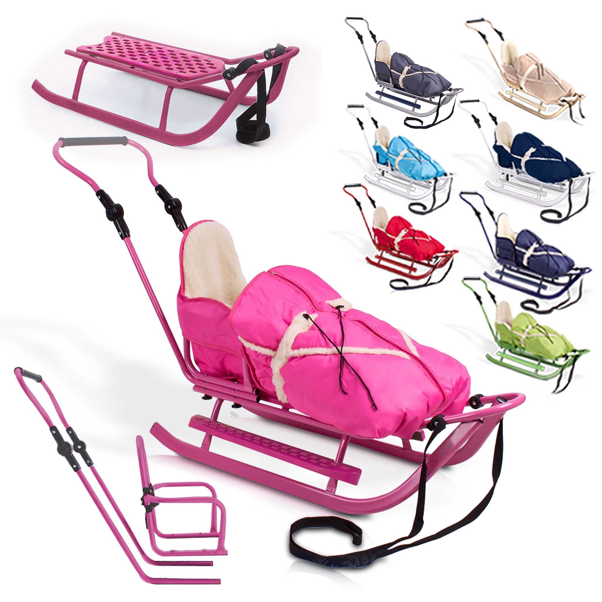 Onbest Санки Деревянные санки mit Fußsack Rückenlehne Zugleine, 120 kg, höhenvestellbar, Stahlgestell, Schiebegriff