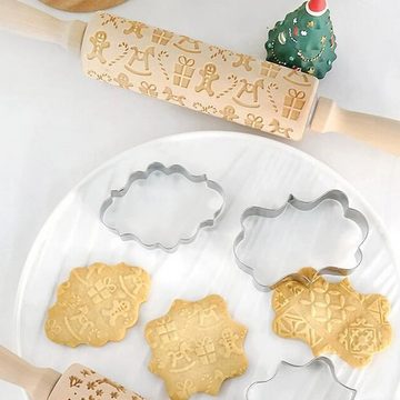 Rutaqian Nudelholz Weihnachten 3D Präge Nudelholz Präge Nudelholz Backzubehör, (Geprägte Teigroller für Weihnachtsplätzchen, Gebäck und Keramik, Weihnachtsrollnadel Gedrucktes Schlitten Muster Pressende Blume), für Fondant Teig Pizza Amygline Keks